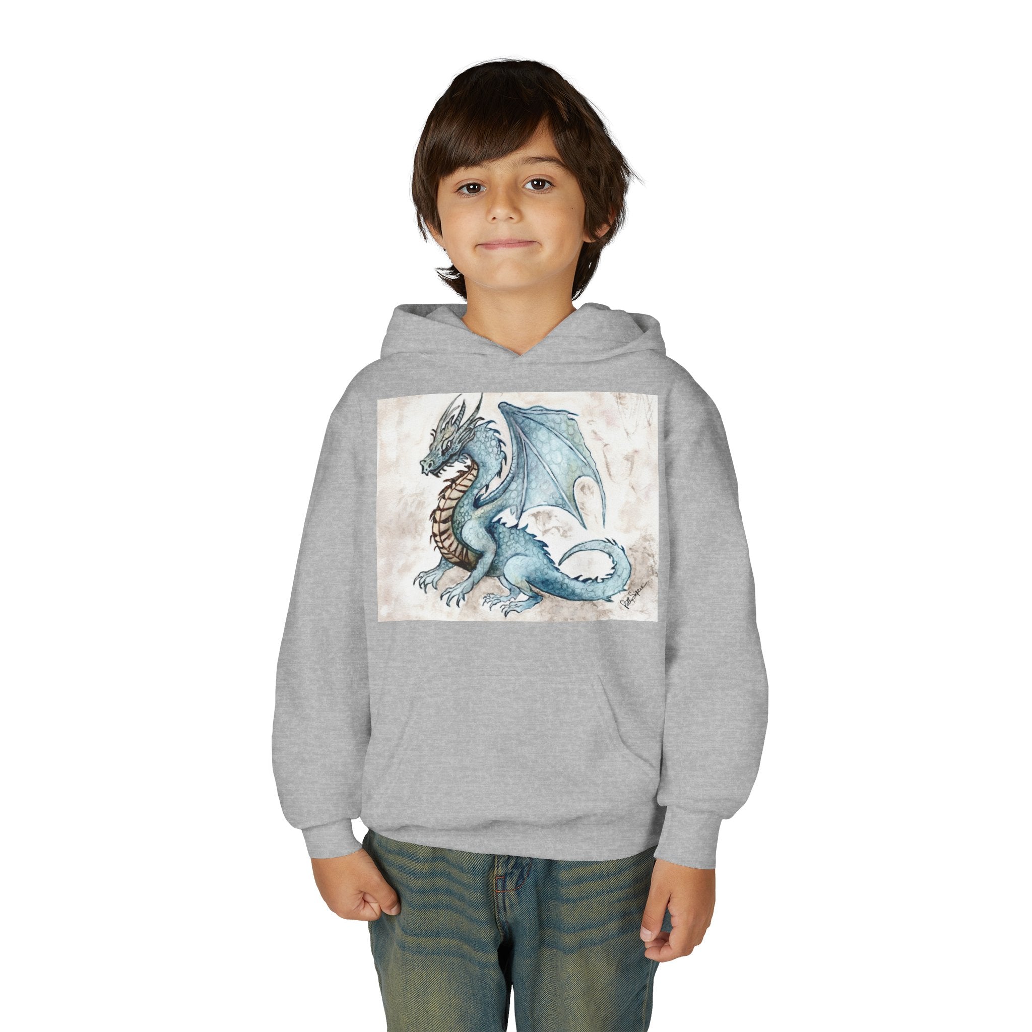Blue Dragon Youth Hoodie – Watercolor Fantasy Art for Kids