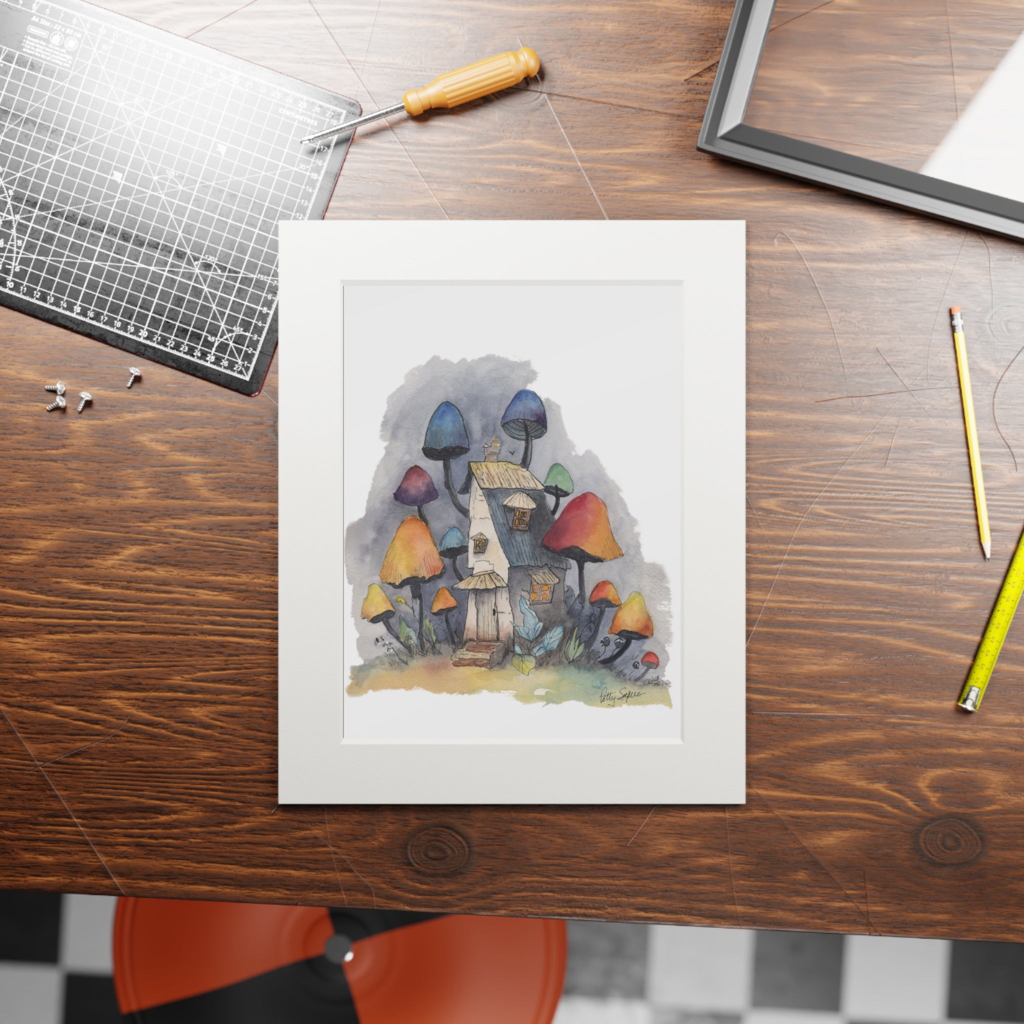 Mushroom Cottage Watercolor Art Print – Whimsical Fairy Tale Scene