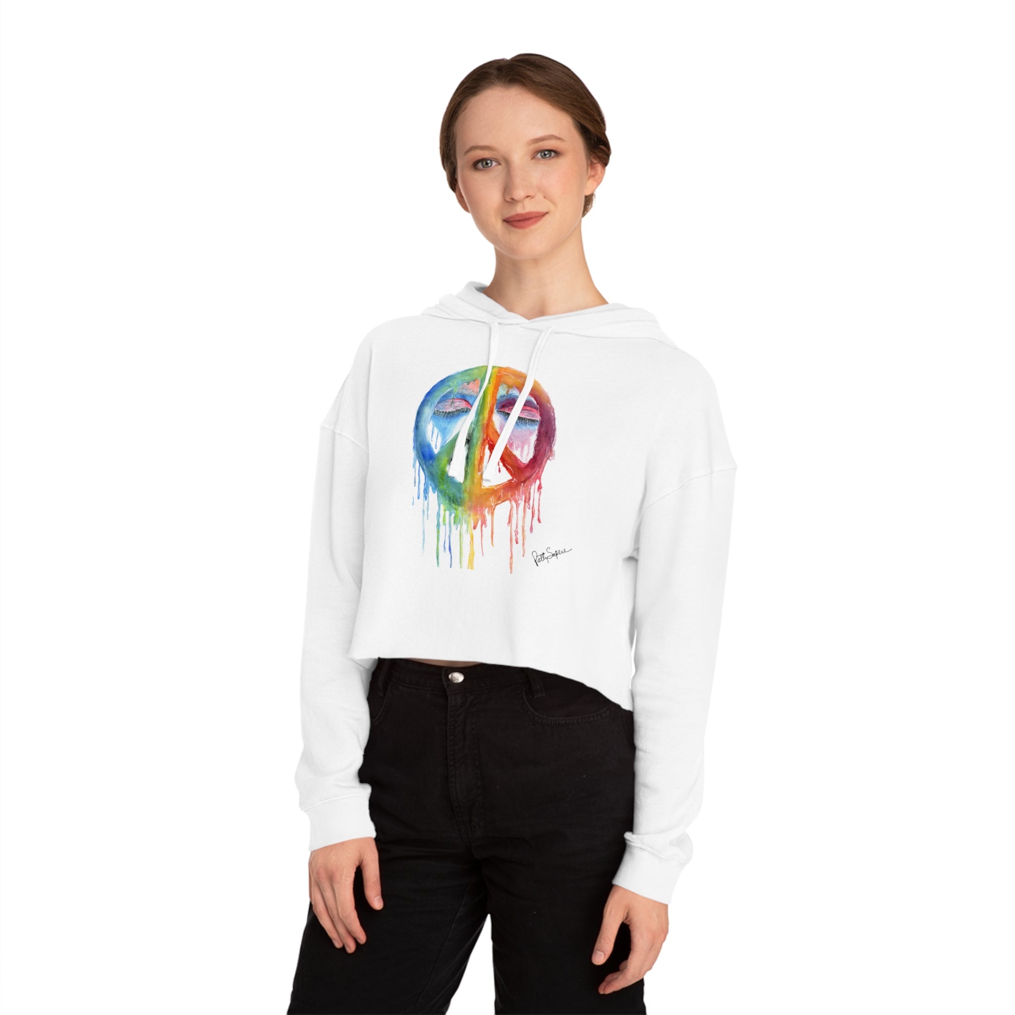 Peace Sign Watercolor Cropped Hoodie — Women's Rainbow Drip Graphic Sweatshirt