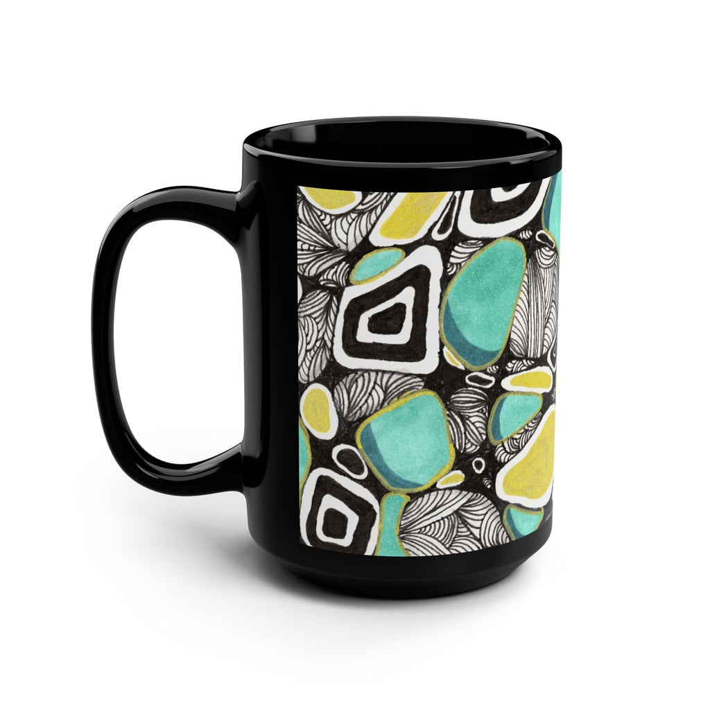 Glossy black 15oz ceramic coffee mug with teal and yellow zentangle art featuring organic shapes and geometric patterns