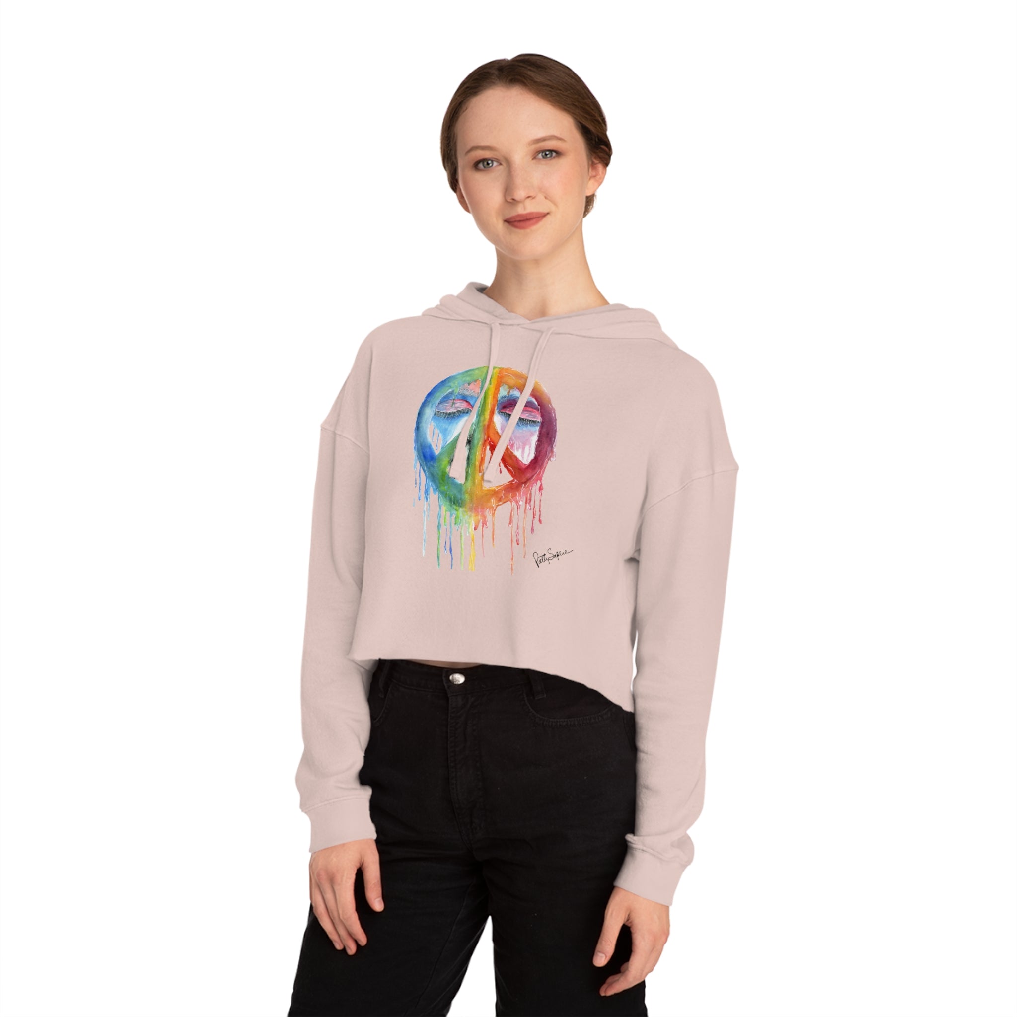 Peace Sign Watercolor Cropped Hoodie — Women's Rainbow Drip Graphic Sweatshirt