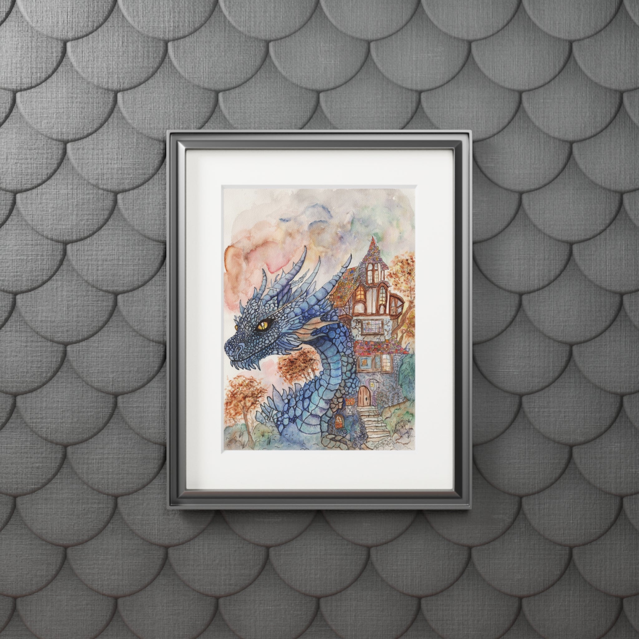 Mystical Dragon & Cottage Watercolor Fine Art Print