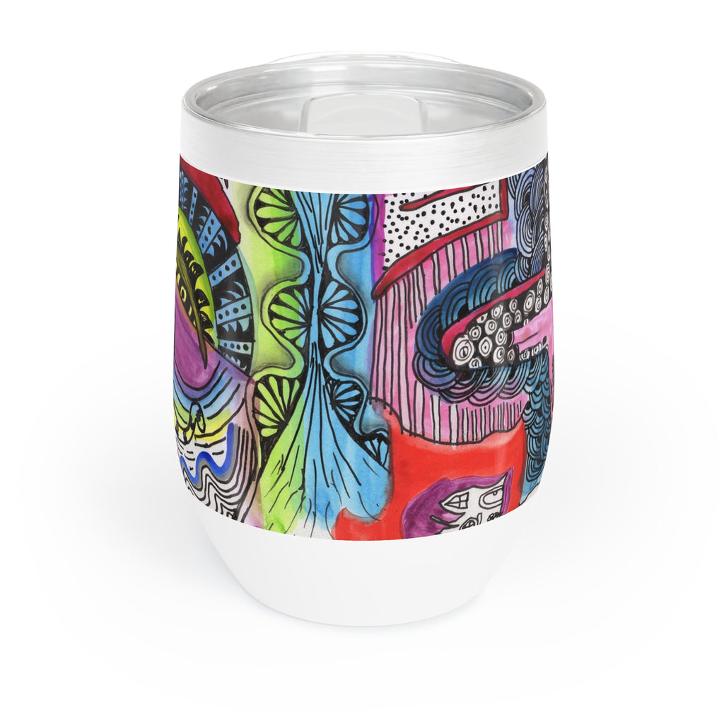White stainless steel wine tumbler wrapped with bold abstract ink and watercolor art featuring spirals, fan shapes, and vivid green, red, purple, and blue patterns by Patty Sapere