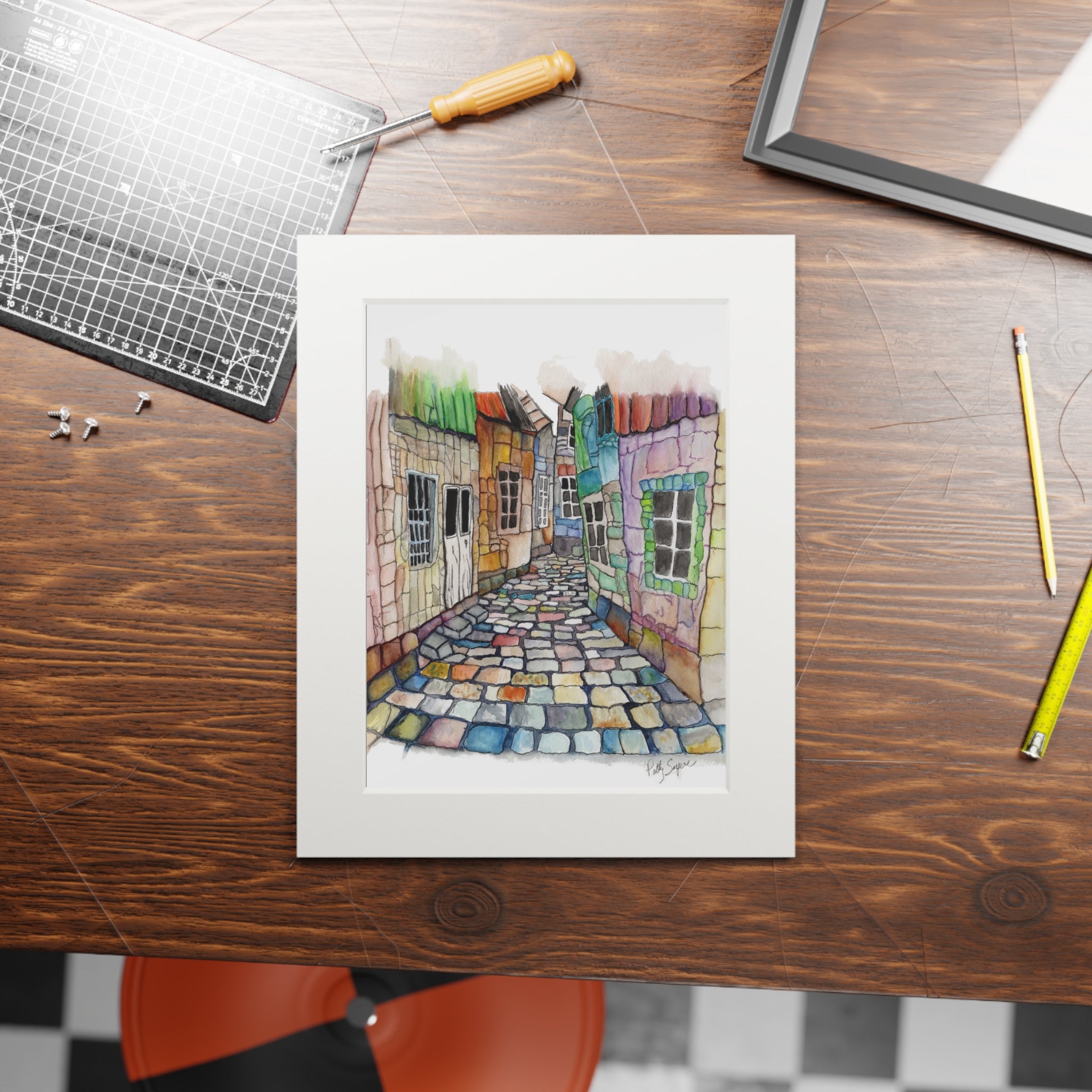 Framed Fine Art Print: Colorful Cobblestone Alleyway