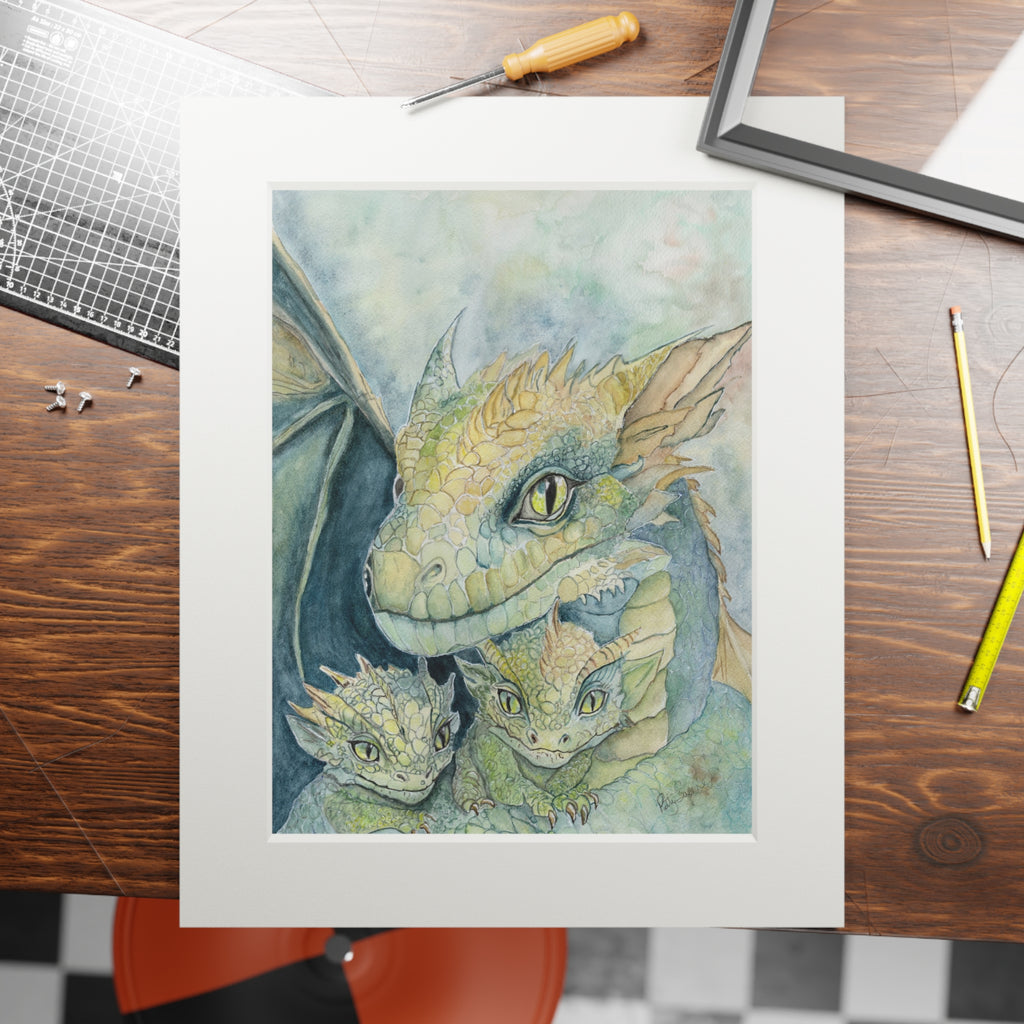 Dragon Family Watercolor Fine Art Print with Passepartout