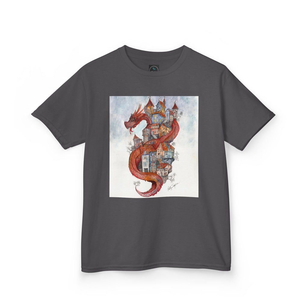 Dragon Over Town Kids T-Shirt – Fantasy Village Tee (White)