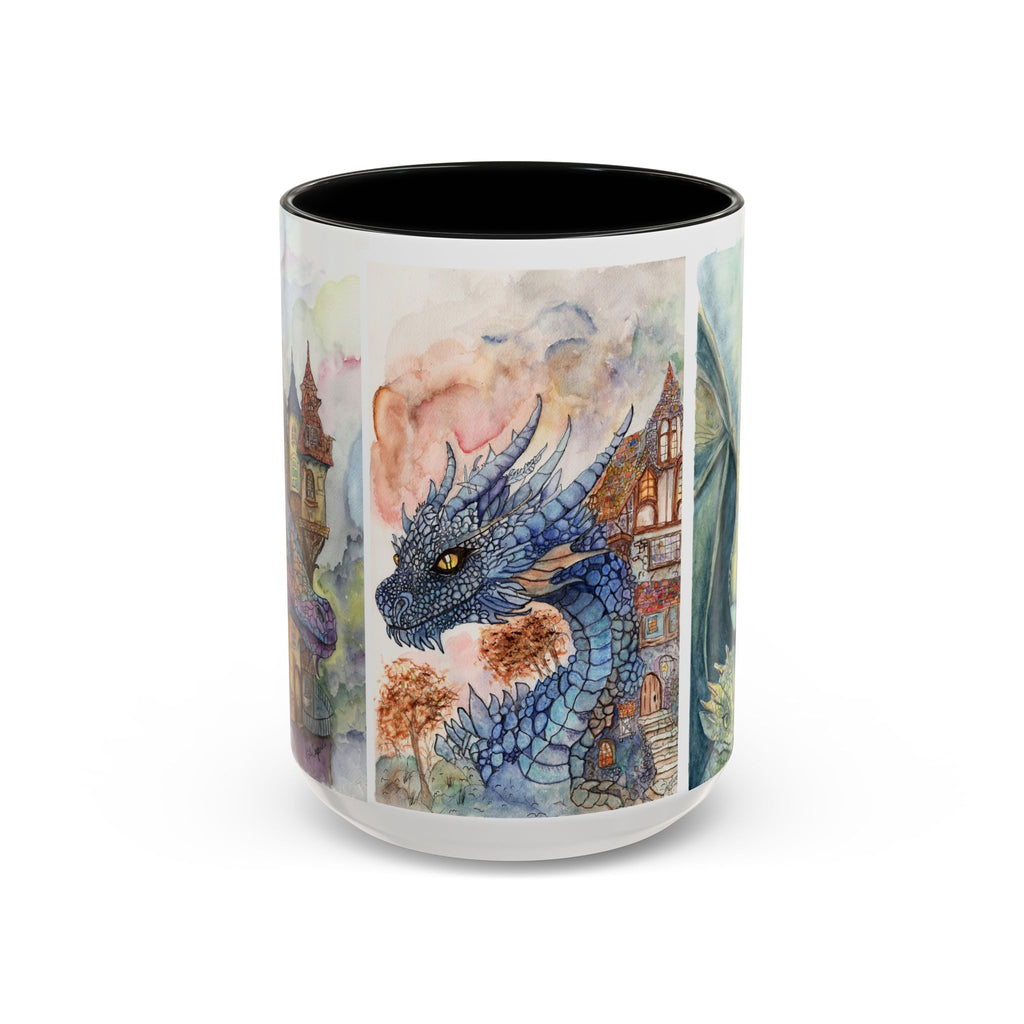 Ceramic accent coffee mug with watercolor blue dragon guarding a medieval village with castle towers