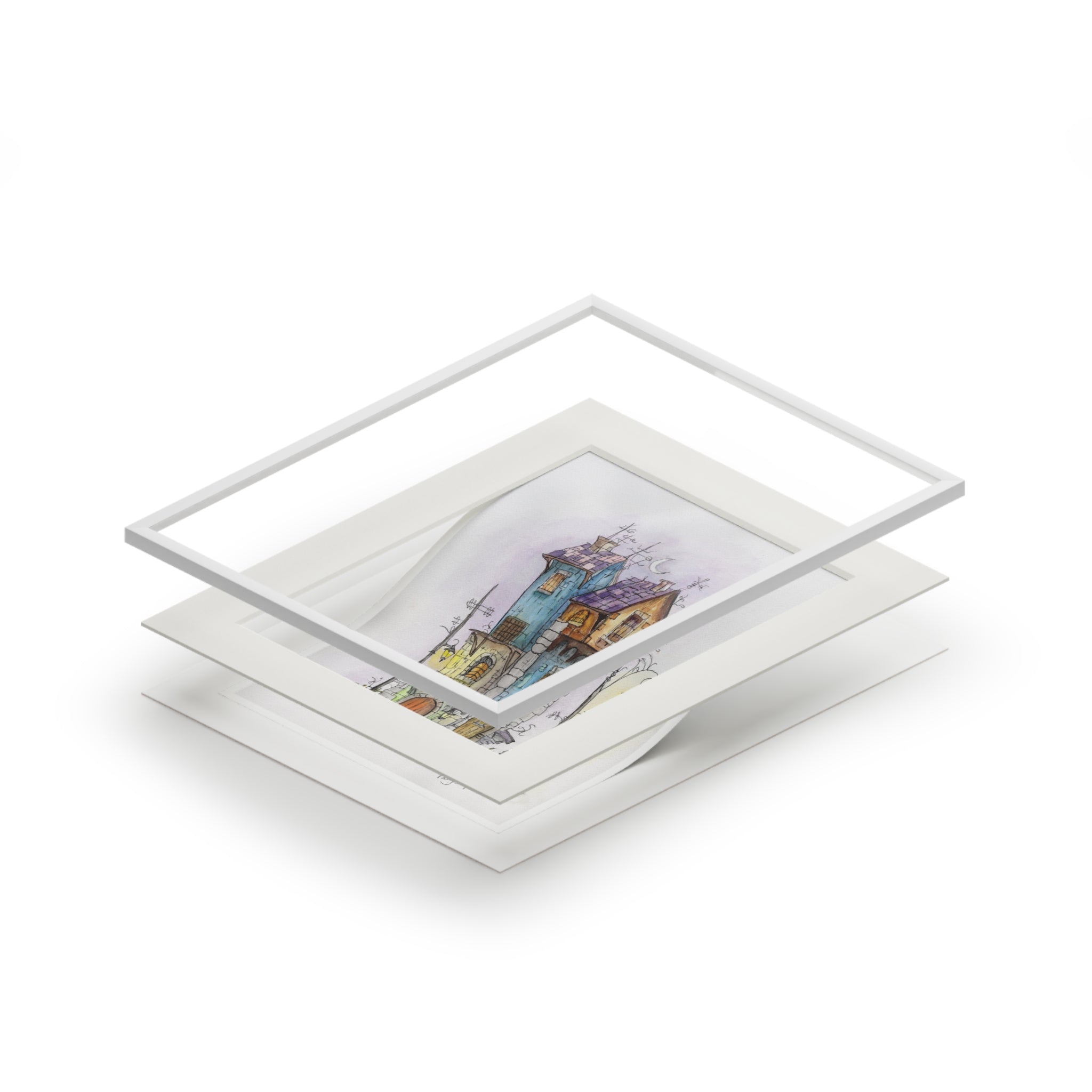 Moonlit Stone Houses Watercolor Art Print – Evening Village Scene