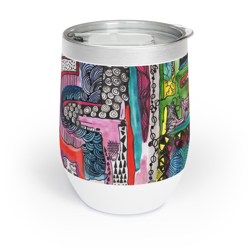 Abstract Ink & Watercolor Wine Tumbler – Bold Zentangle Art