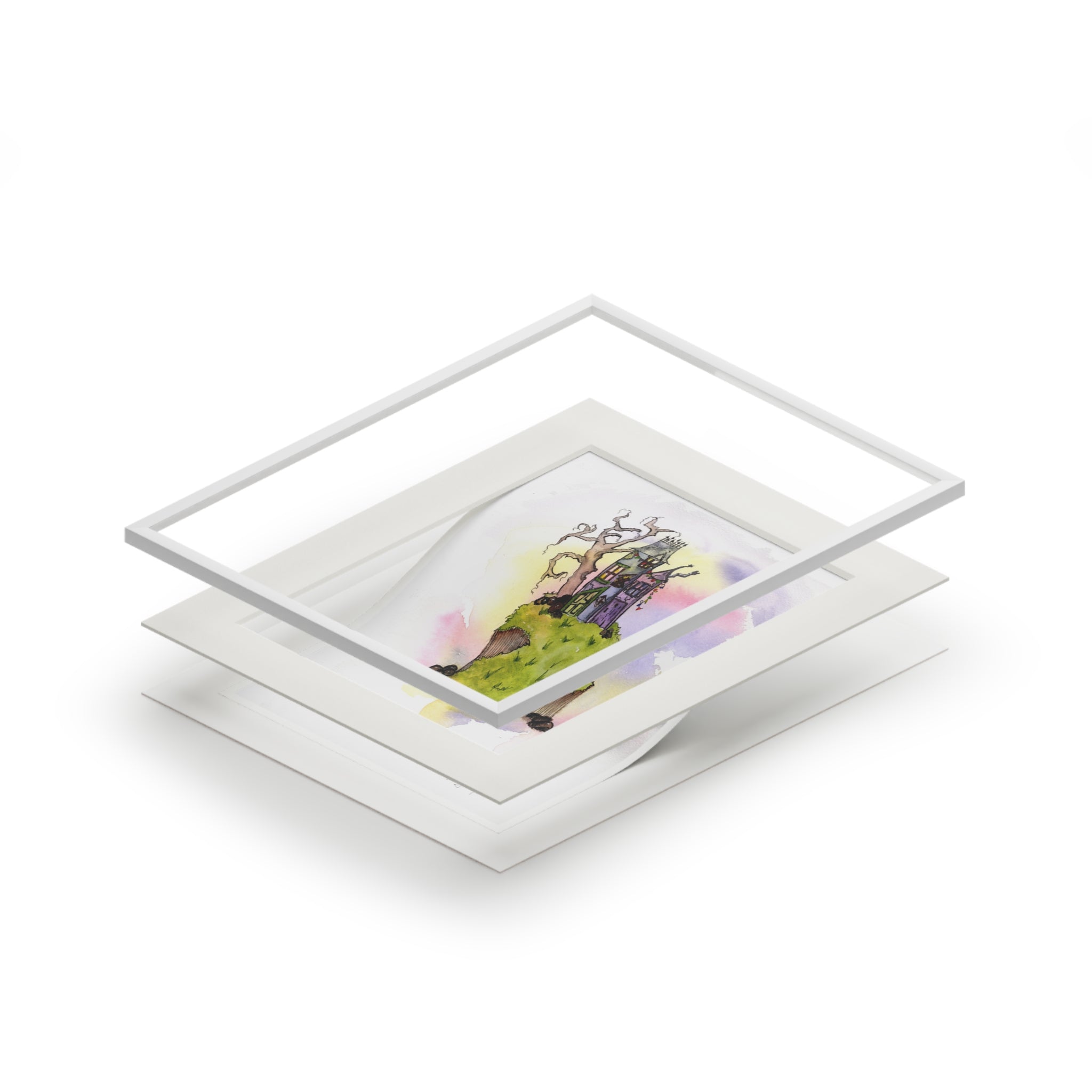 Hilltop Haunted Houses Watercolor Print – Whimsical Fantasy Landscape