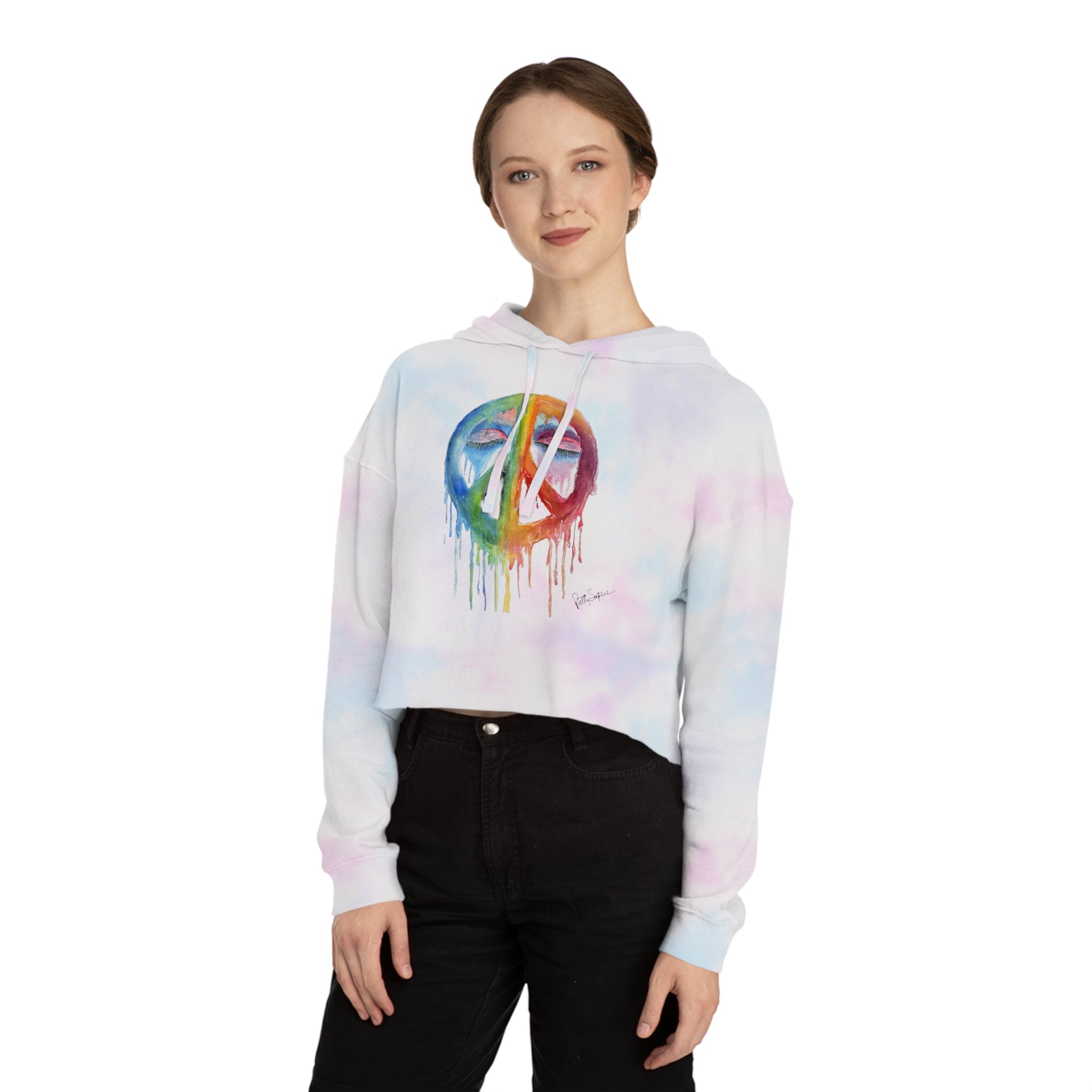Peace Sign Watercolor Cropped Hoodie — Women's Rainbow Drip Graphic Sweatshirt
