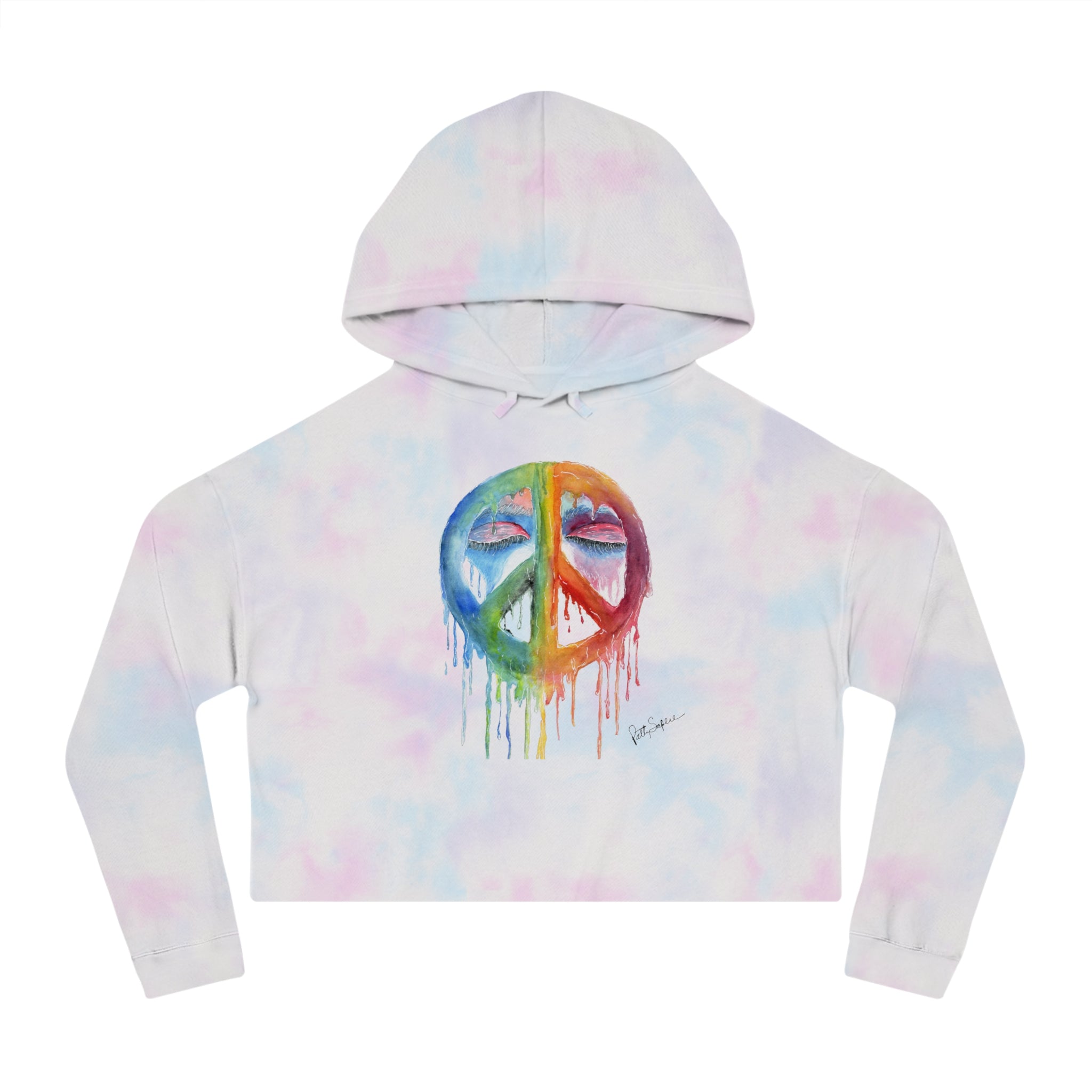 Peace Sign Watercolor Cropped Hoodie — Women's Rainbow Drip Graphic Sweatshirt