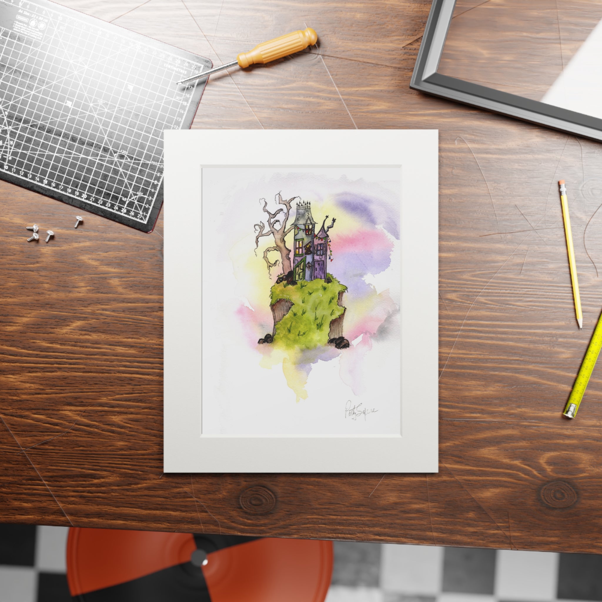 Hilltop Haunted Houses Watercolor Print – Whimsical Fantasy Landscape