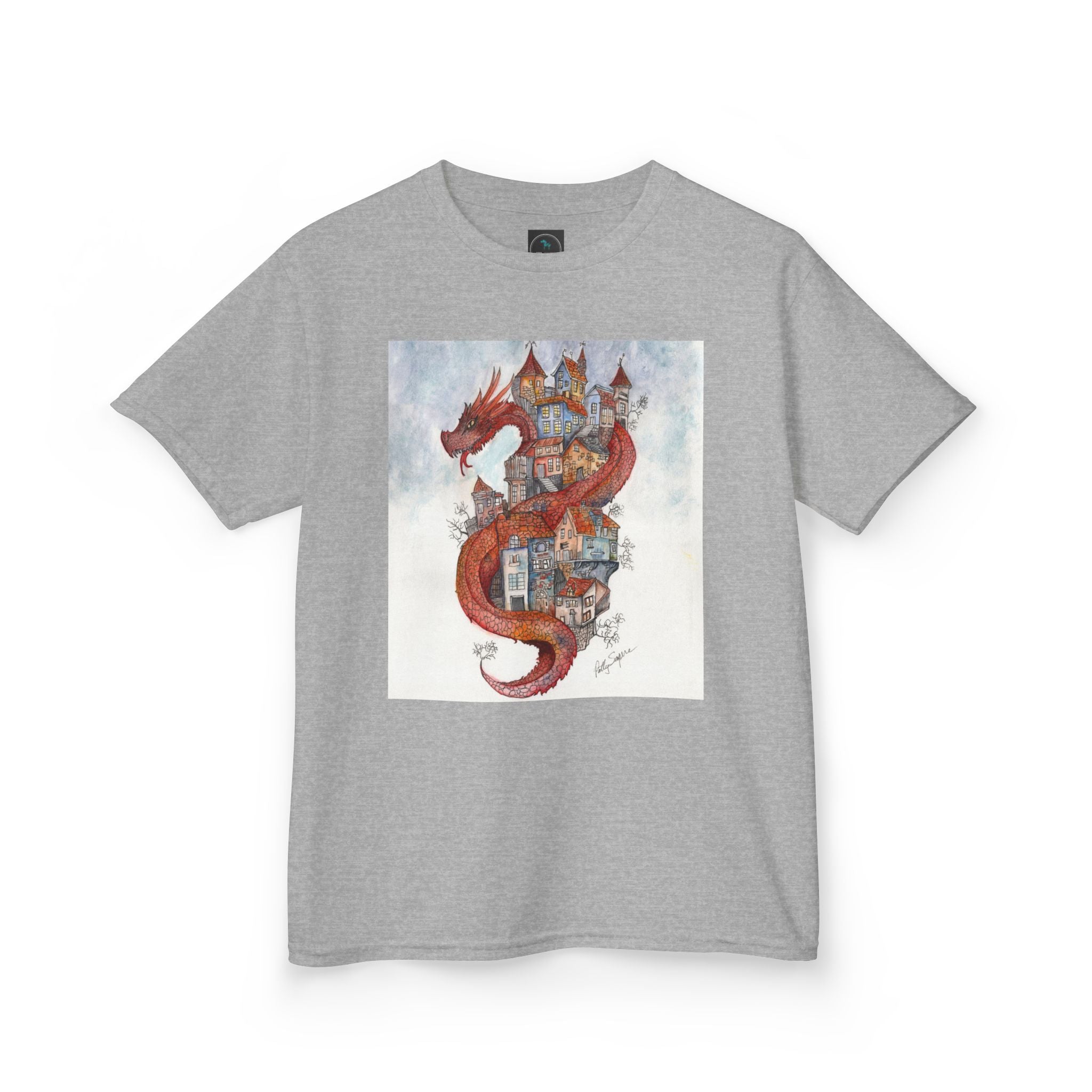 Dragon Over Town Kids T-Shirt – Fantasy Village Tee (White)