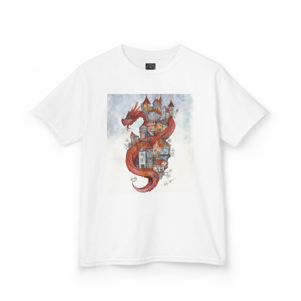 Dragon Over Town Kids T-Shirt – Fantasy Village Tee (White)