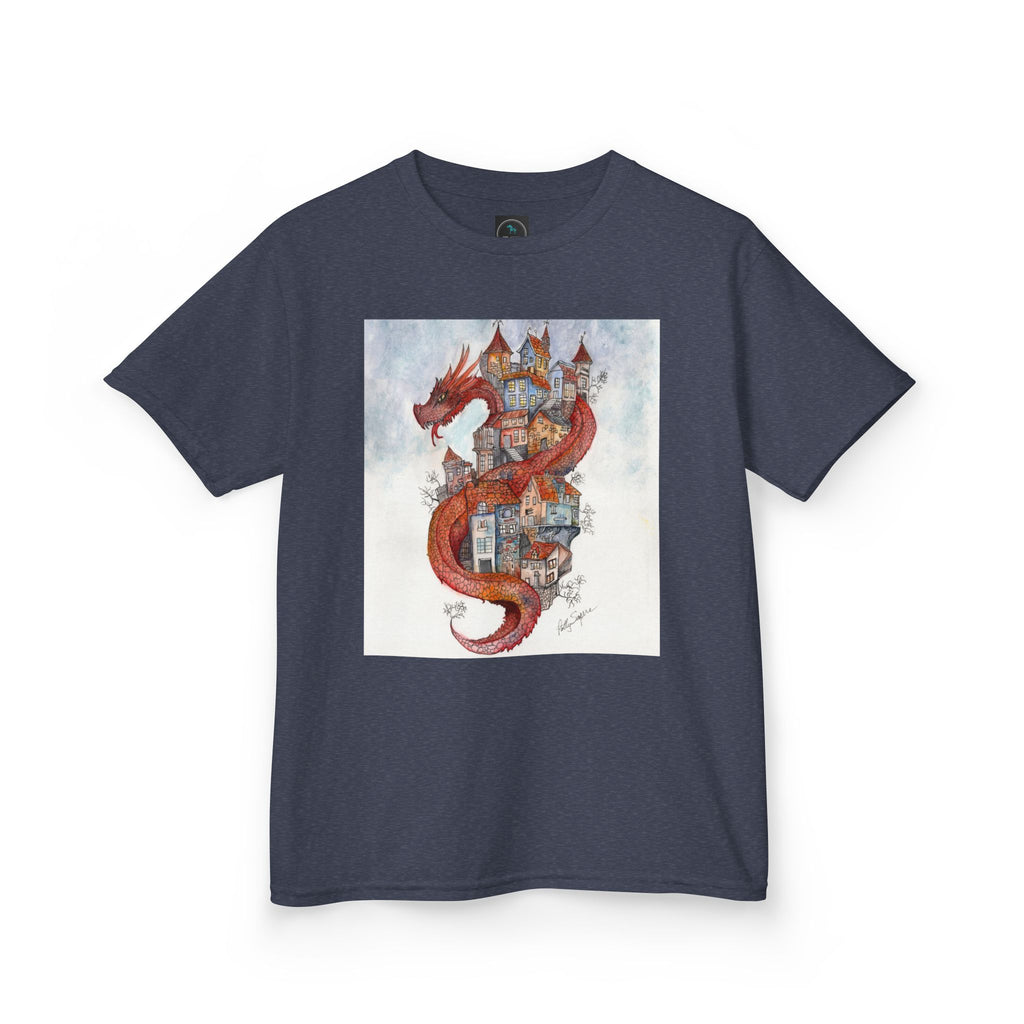 Dragon Over Town Kids T-Shirt – Fantasy Village Tee (White)
