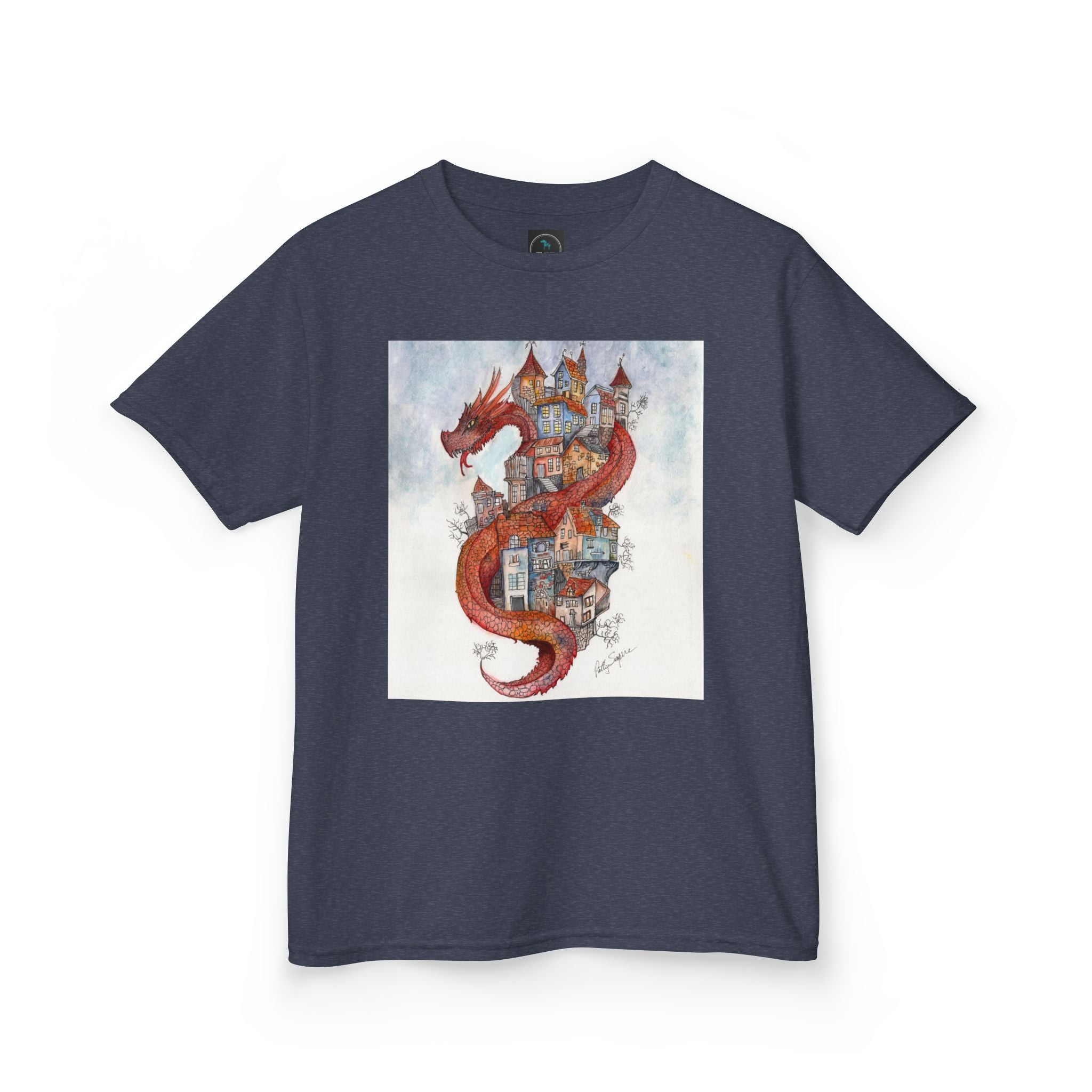 Dragon Over Town Kids T-Shirt – Fantasy Village Tee (White)