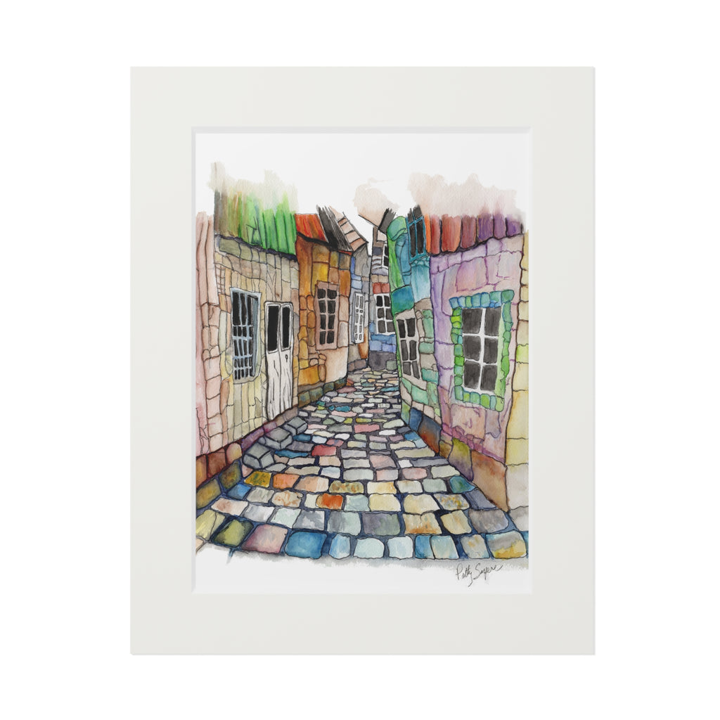 Colorful cobblestone alleyway between stone buildings in watercolor and ink – original art by Patty Sapere