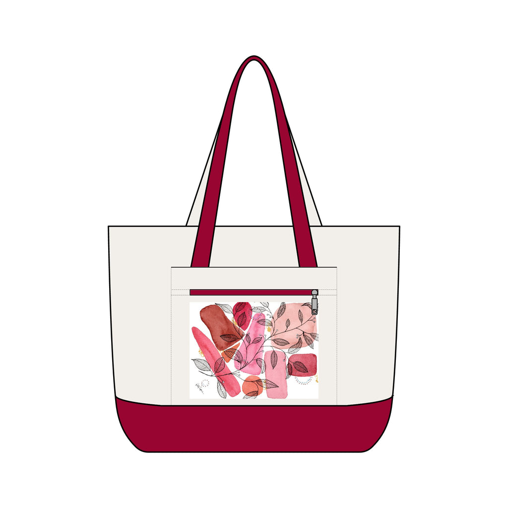 Canvas Tote Bag — Pink Abstract Floral Zippered Pocket