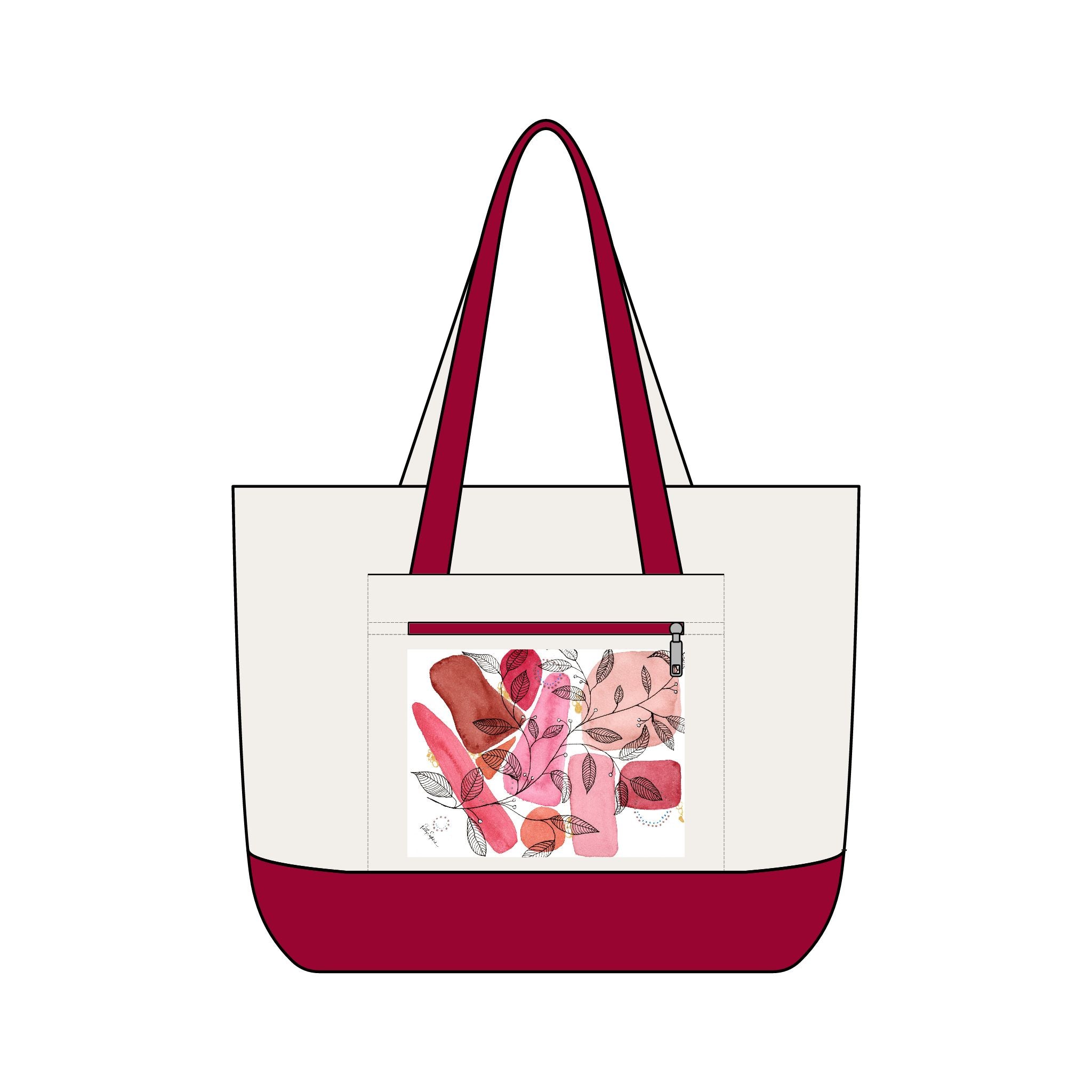 Canvas Tote Bag — Pink Abstract Floral Zippered Pocket