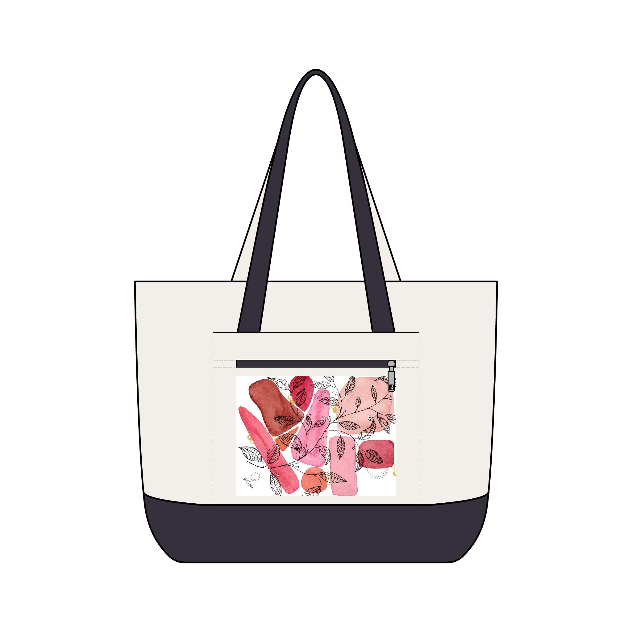 Canvas Tote Bag — Pink Abstract Floral Zippered Pocket