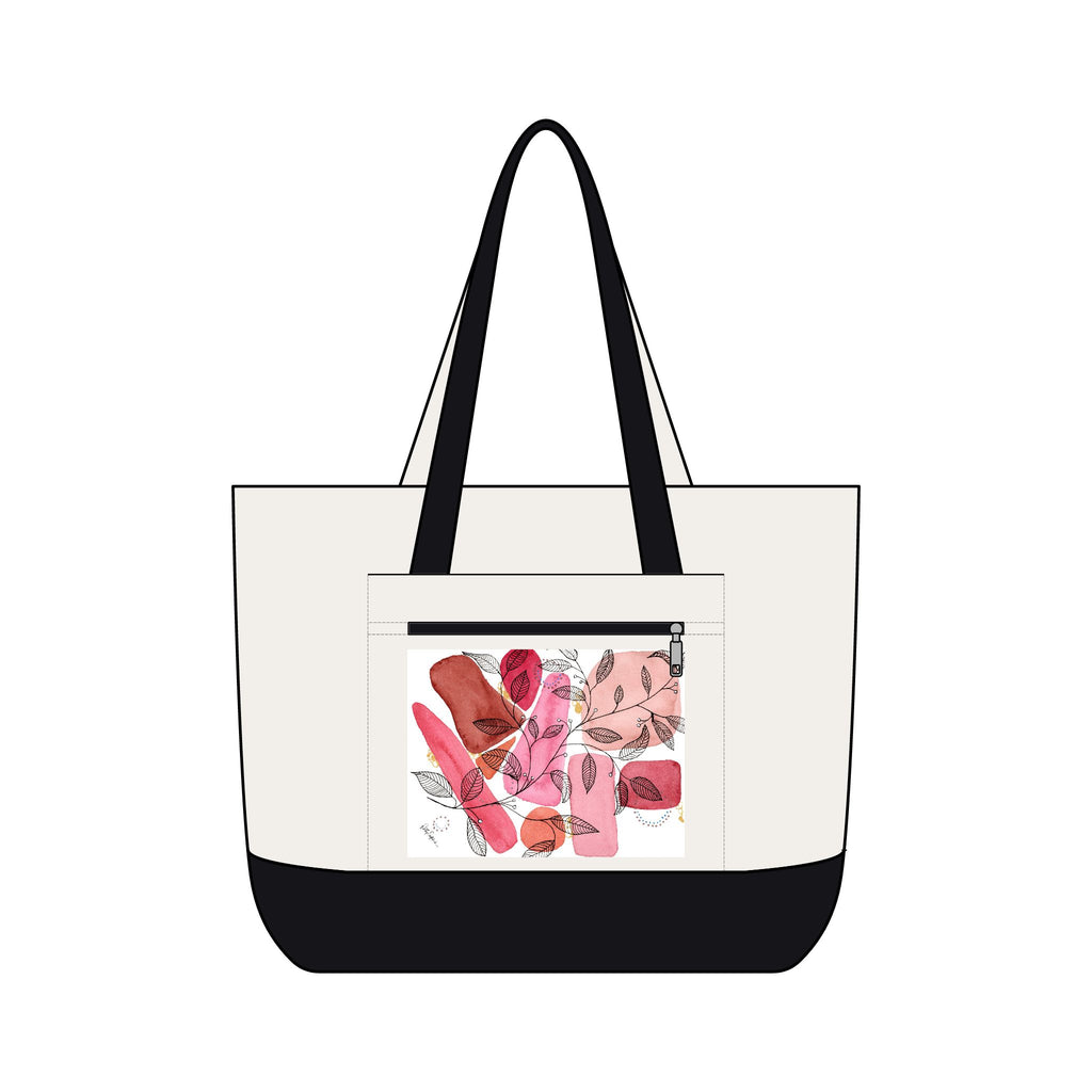 Pink Floral Watercolor Canvas Tote – Zippered Pocket Art Bag