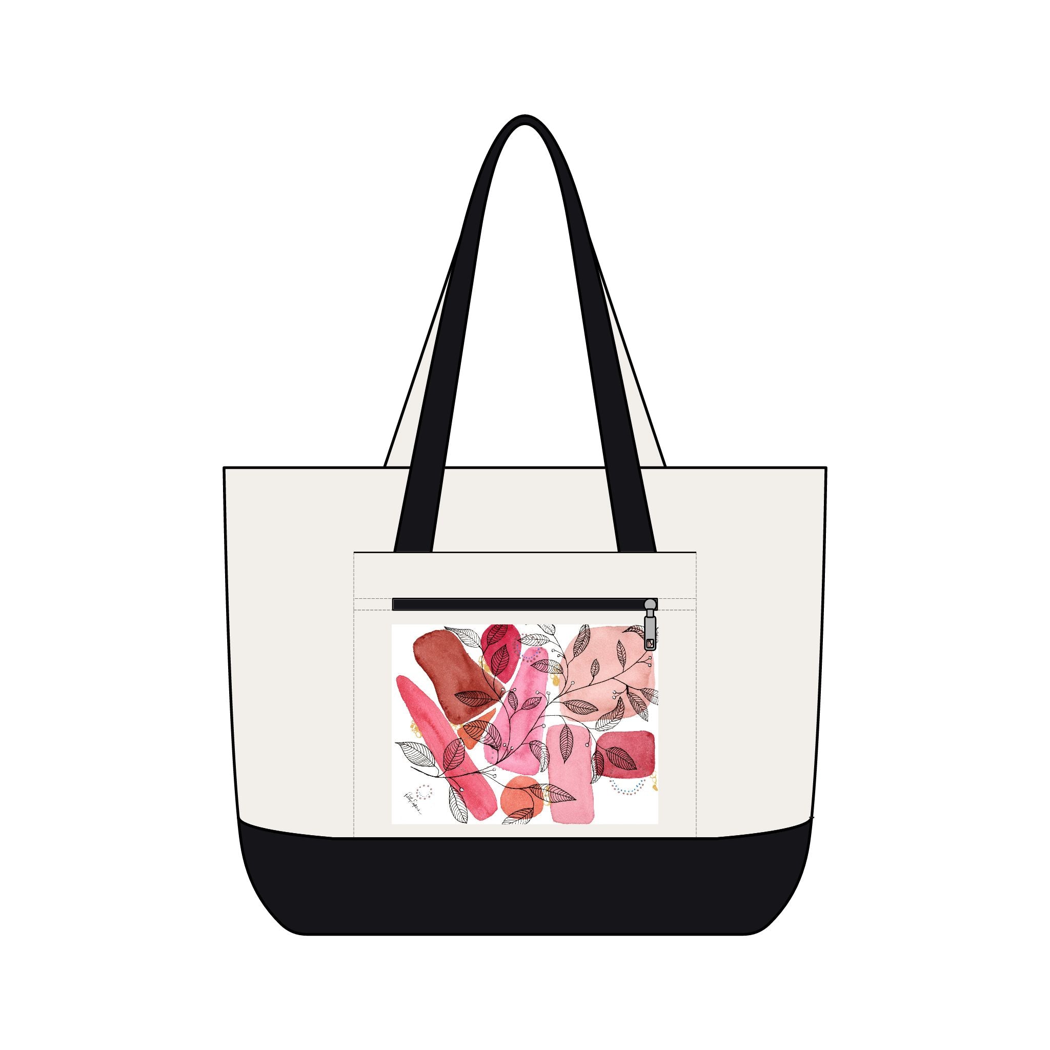 Canvas Tote Bag — Pink Abstract Floral Zippered Pocket