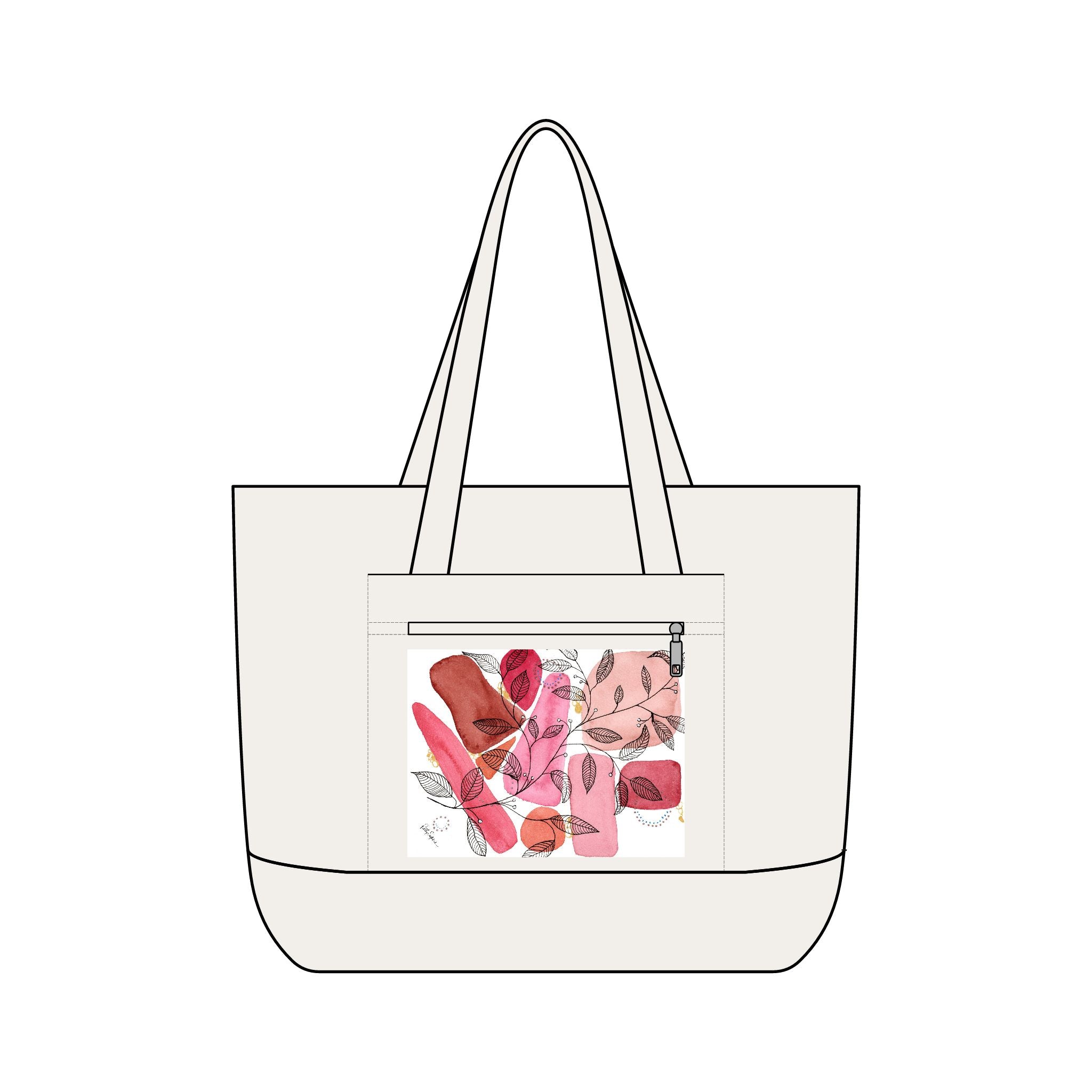 Canvas Tote Bag — Pink Abstract Floral Zippered Pocket