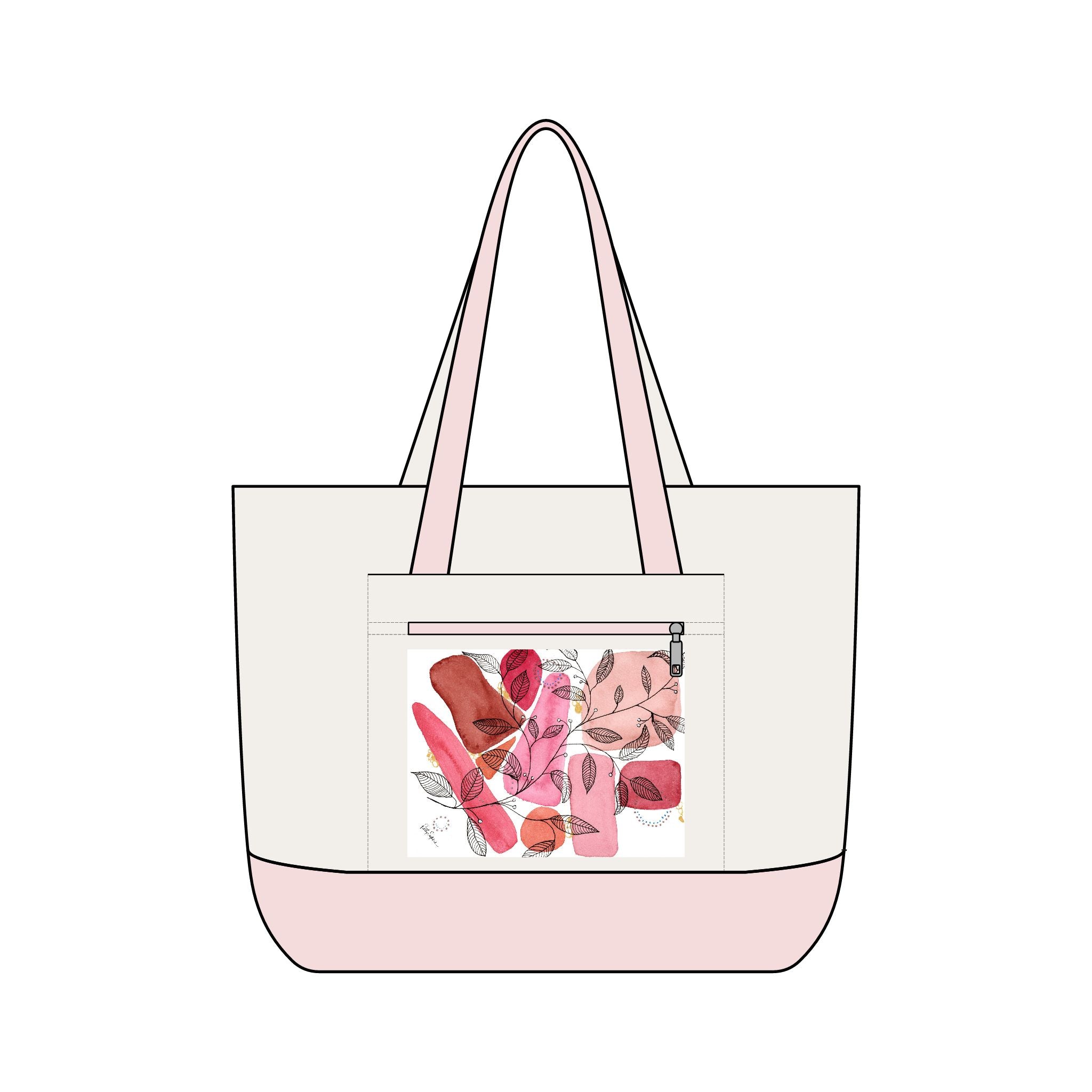 Canvas Tote Bag — Pink Abstract Floral Zippered Pocket
