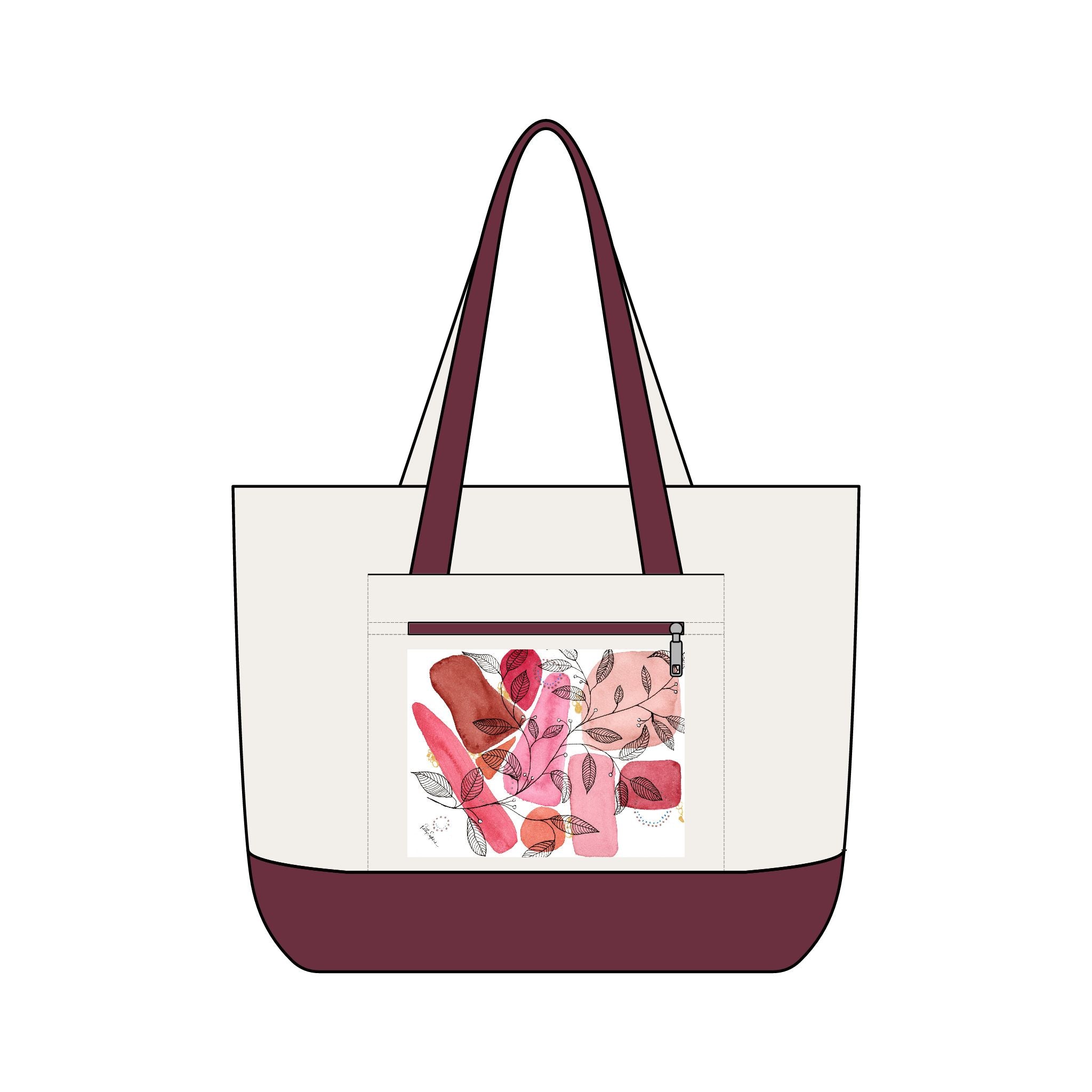 Canvas Tote Bag — Pink Abstract Floral Zippered Pocket