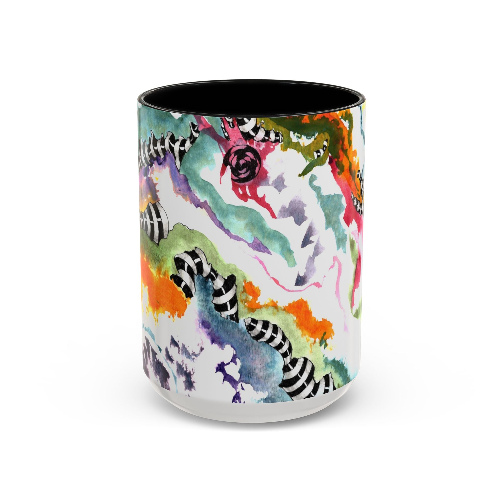 15oz ceramic accent coffee mug with bold watercolor splashes in teal orange and pink with black and white striped spiral ink patterns