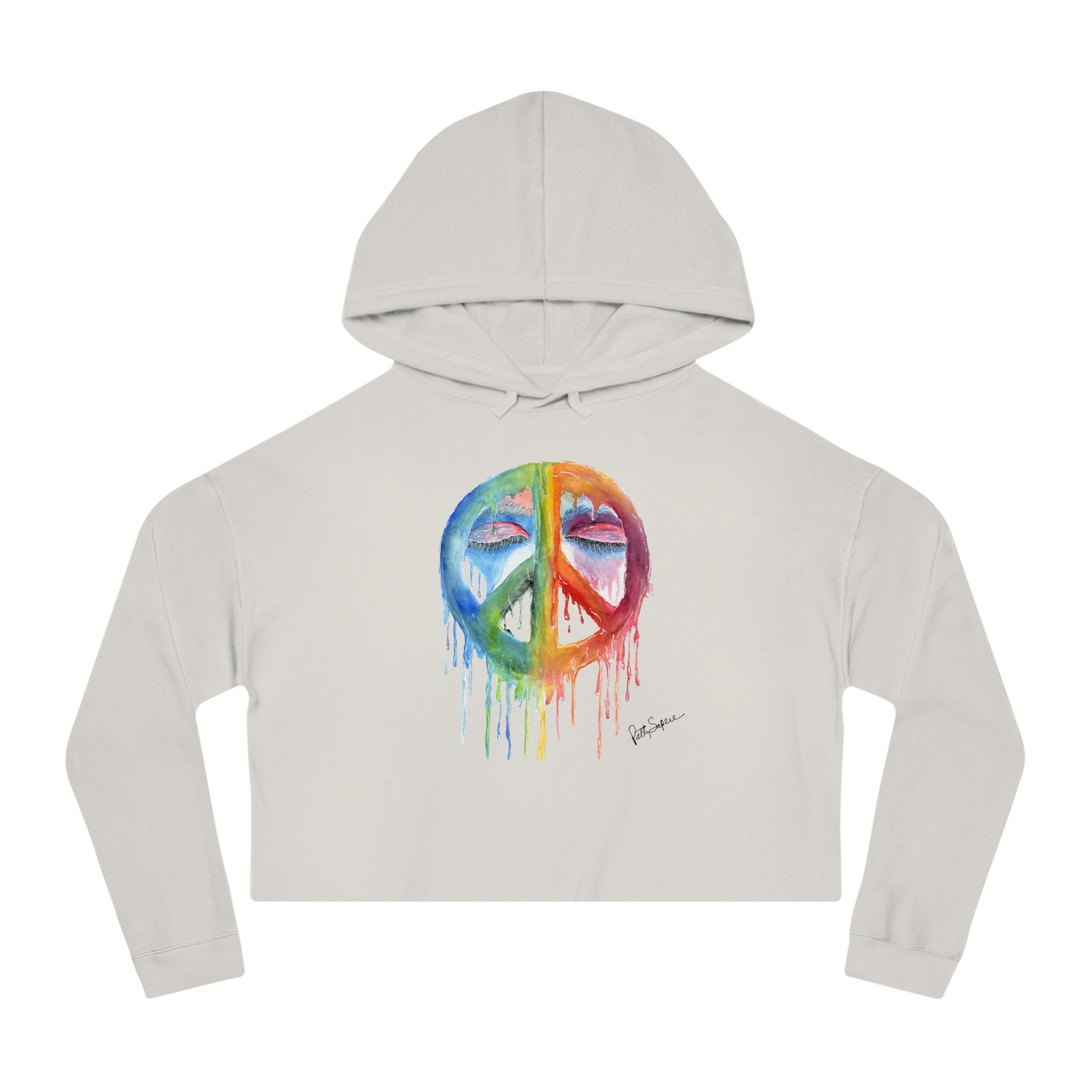 Peace Sign Watercolor Cropped Hoodie — Women's Rainbow Drip Graphic Sweatshirt