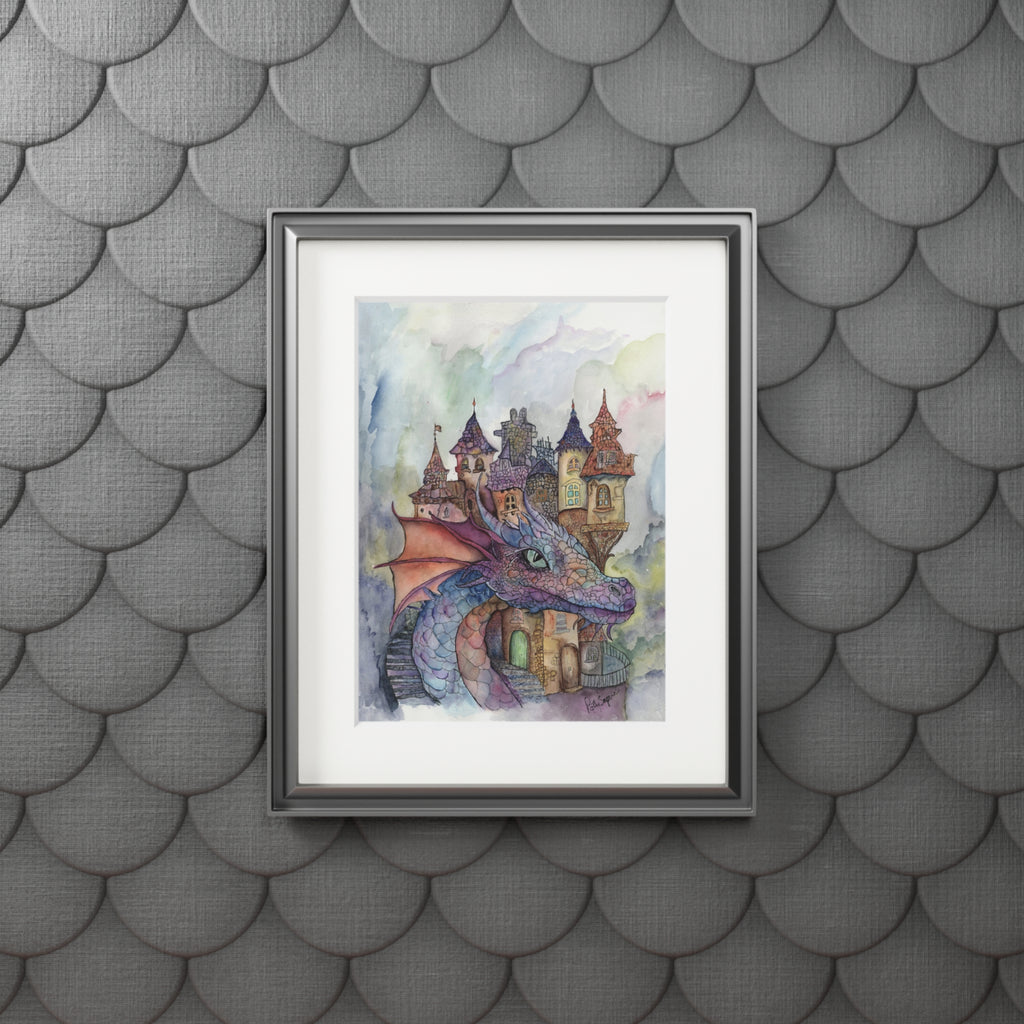 Dragon Castle Watercolor Fine Art Print with Passepartout