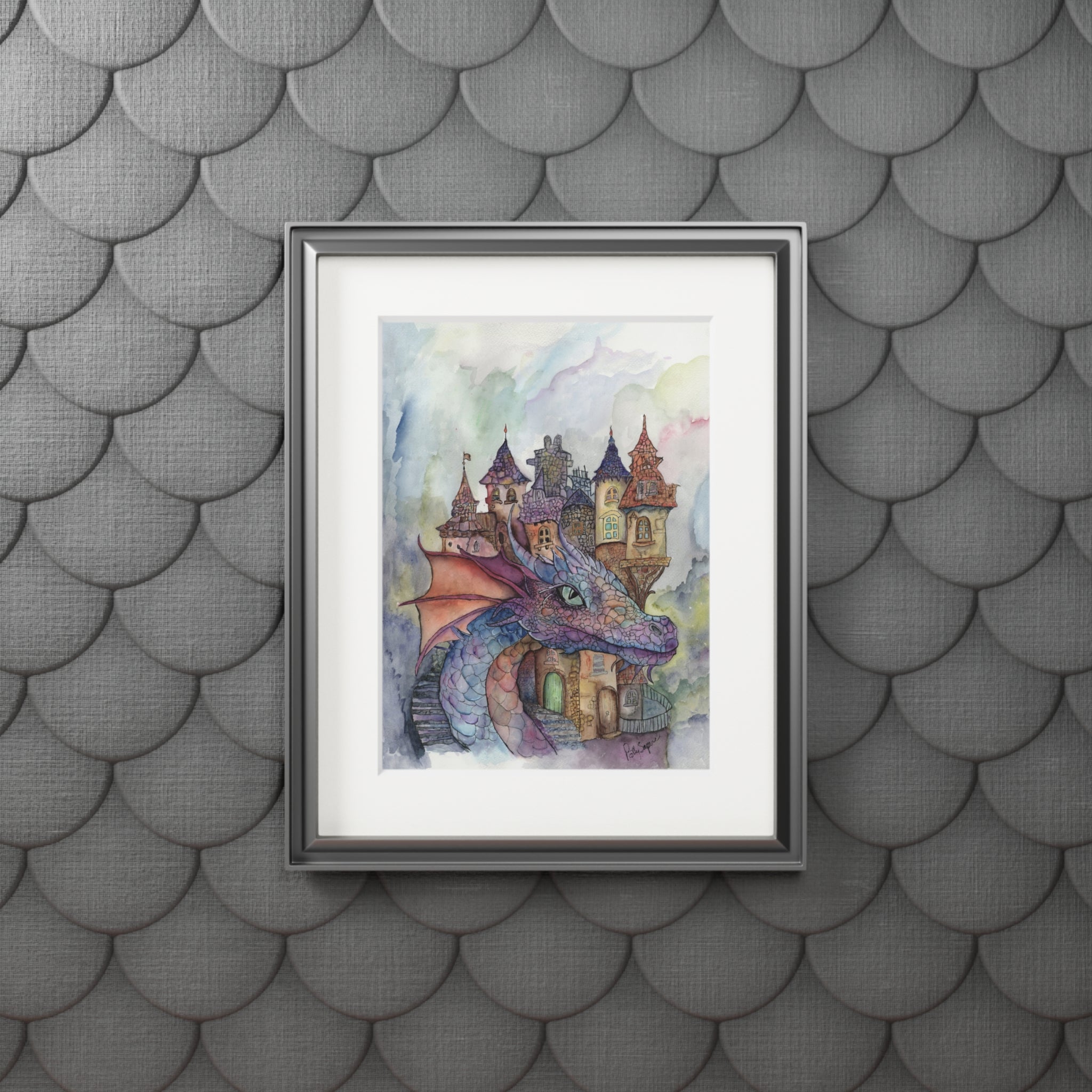 Dragon Castle Watercolor Fine Art Print with Passepartout