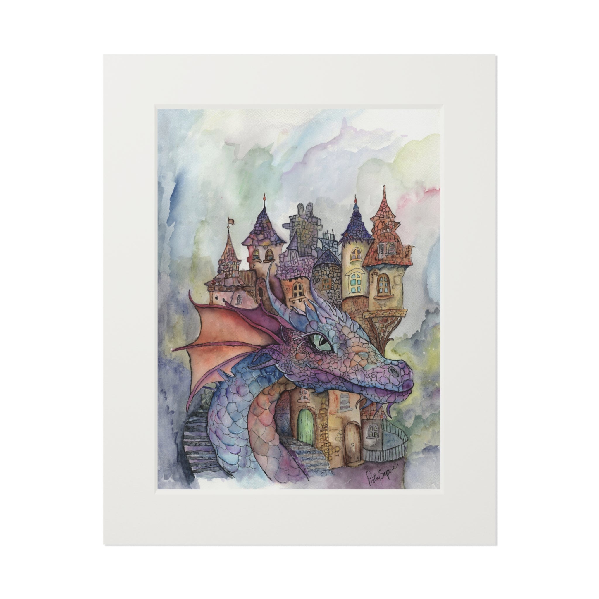 Dragon Castle Watercolor Fine Art Print with Passepartout