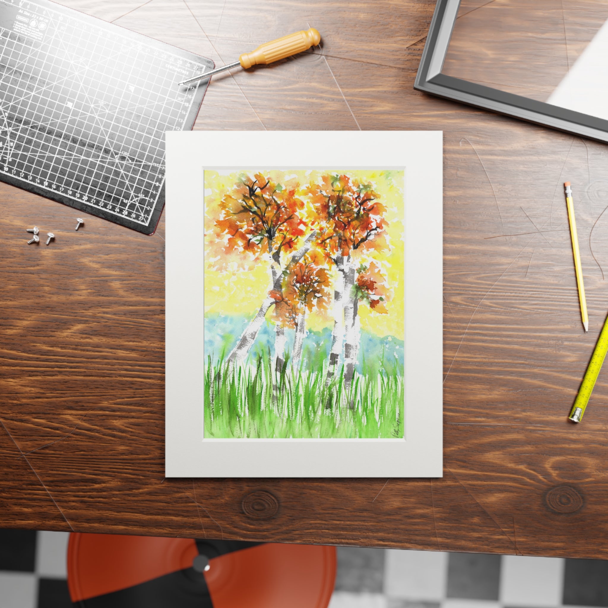 Fall Trees Watercolor Print (with mat)