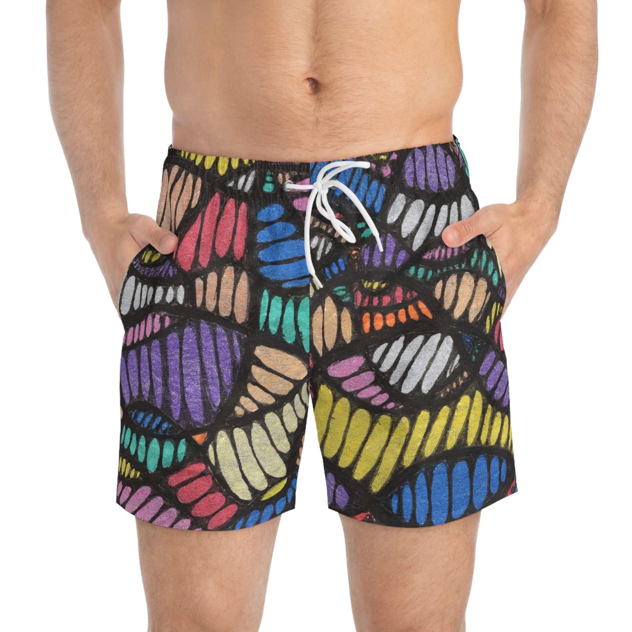 Colorful Pattern Swim Trunks, AOP Beach Shorts, Summer Swimwear, Pool Party Swim Shorts, Vibrant Boys Swimwear