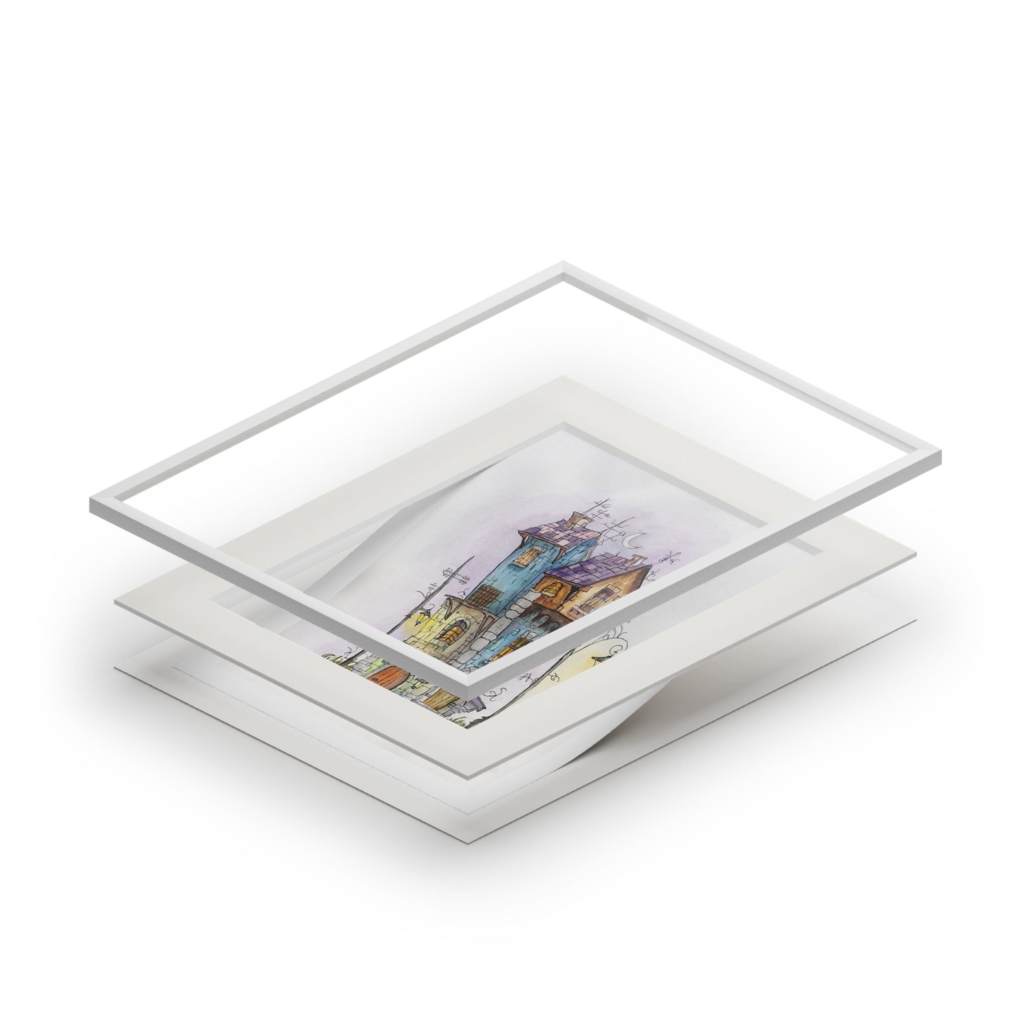 Moonlit Stone Houses Watercolor Art Print – Evening Village Scene