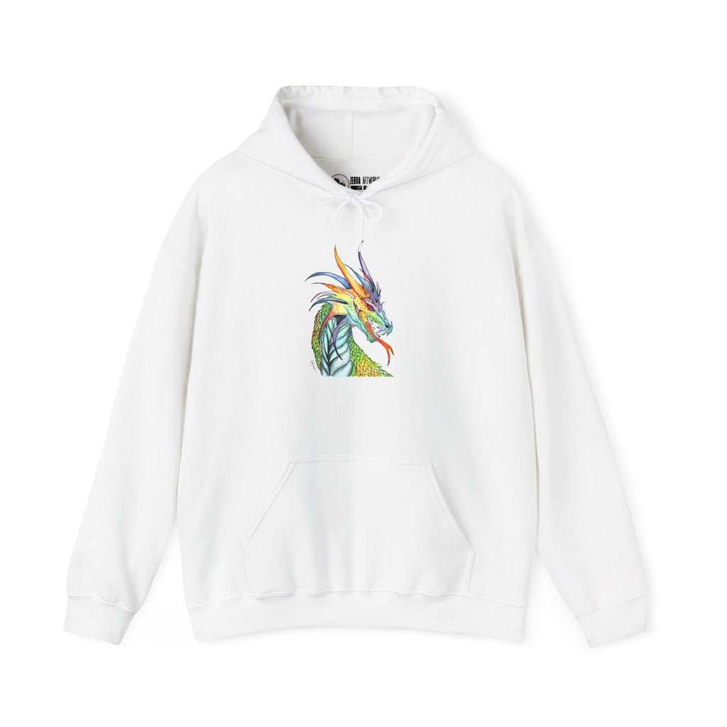 White unisex hoodie with a colorful watercolor dragon portrait featuring green scales, orange horns, and a red forked tongue on the front by Patty Sapere