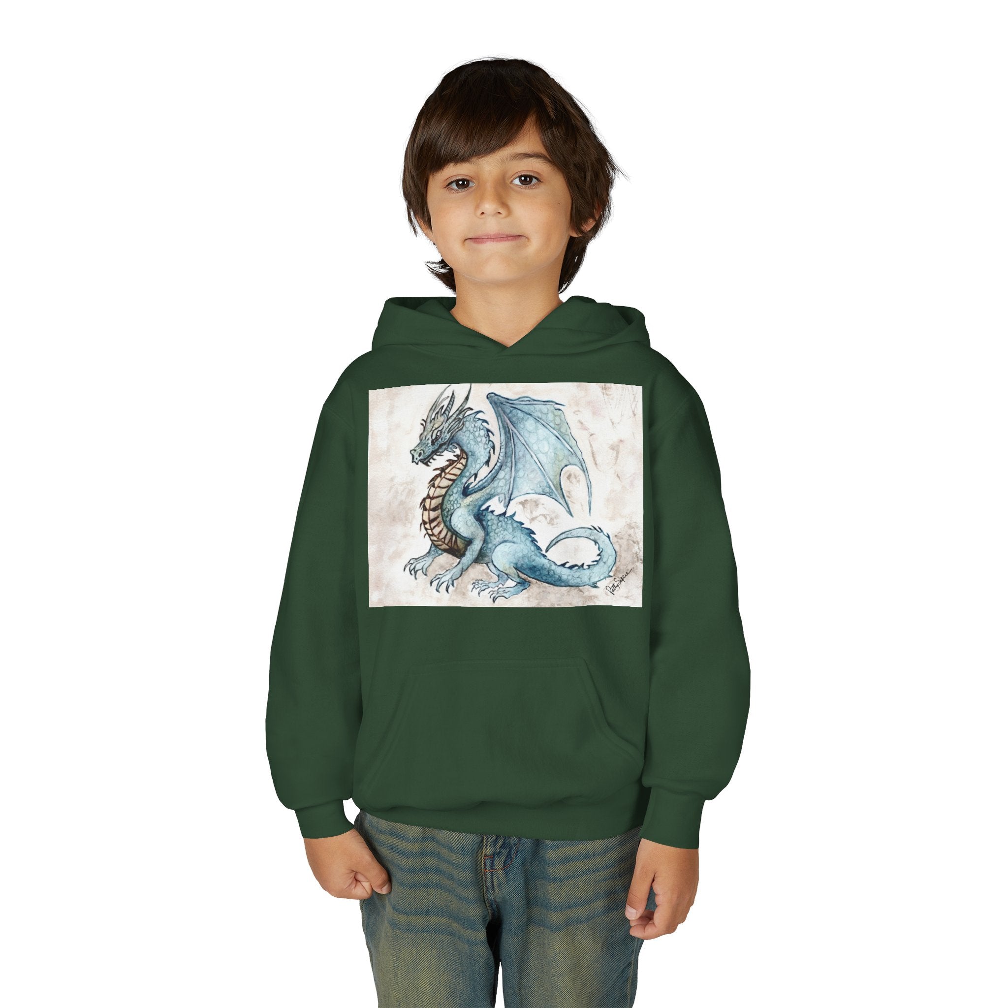Blue Dragon Youth Hoodie – Watercolor Fantasy Art for Kids