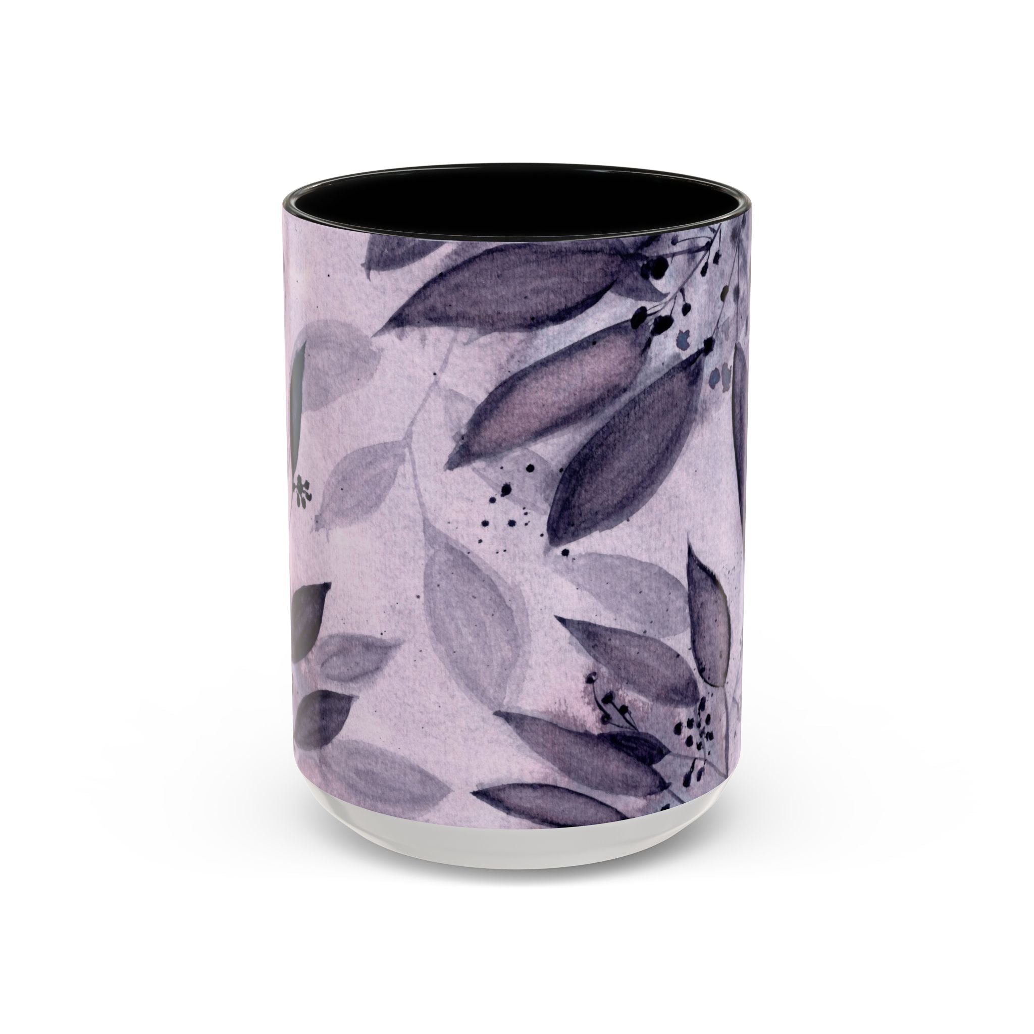 15oz ceramic accent coffee mug with delicate watercolor leaves in dusty purple and gray on a pale lavender background