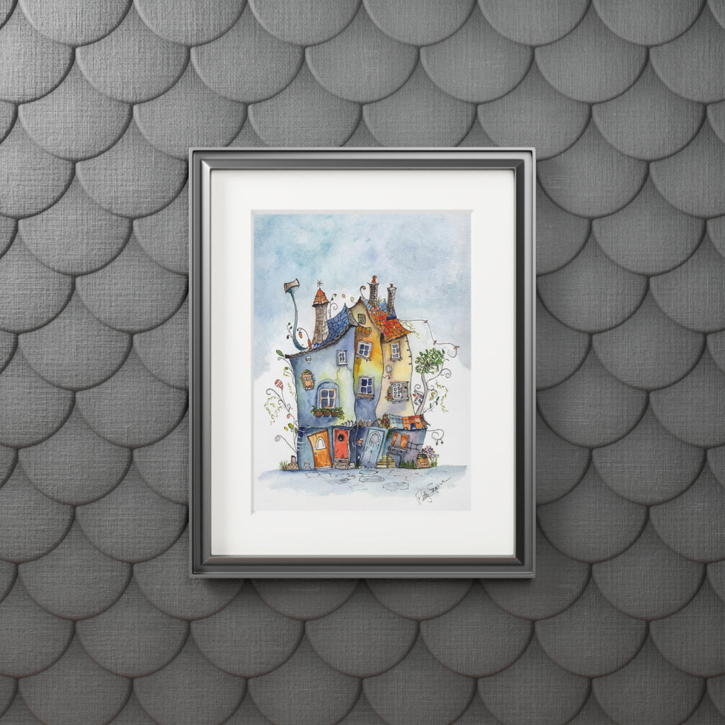 Blue & Yellow Village Watercolor Art Print – Cozy Storybook Houses
