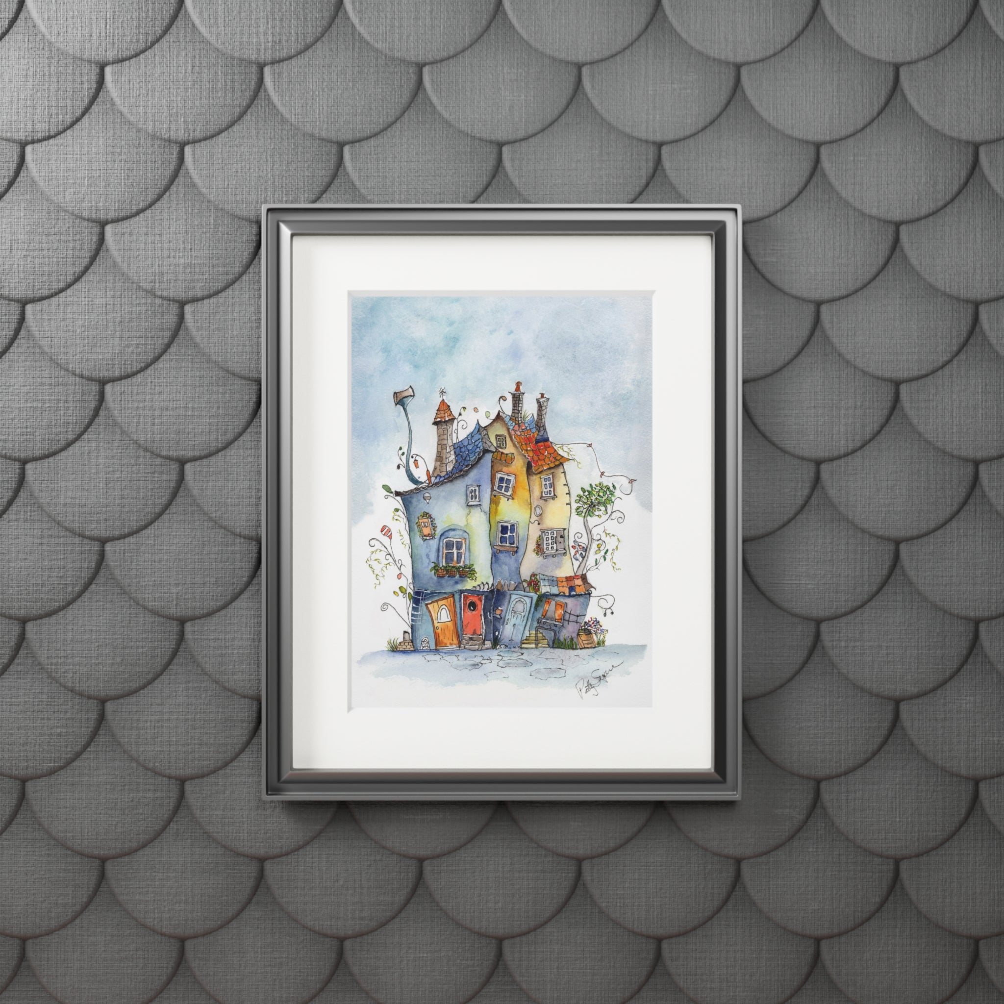 Blue & Yellow Village Watercolor Art Print – Cozy Storybook Houses