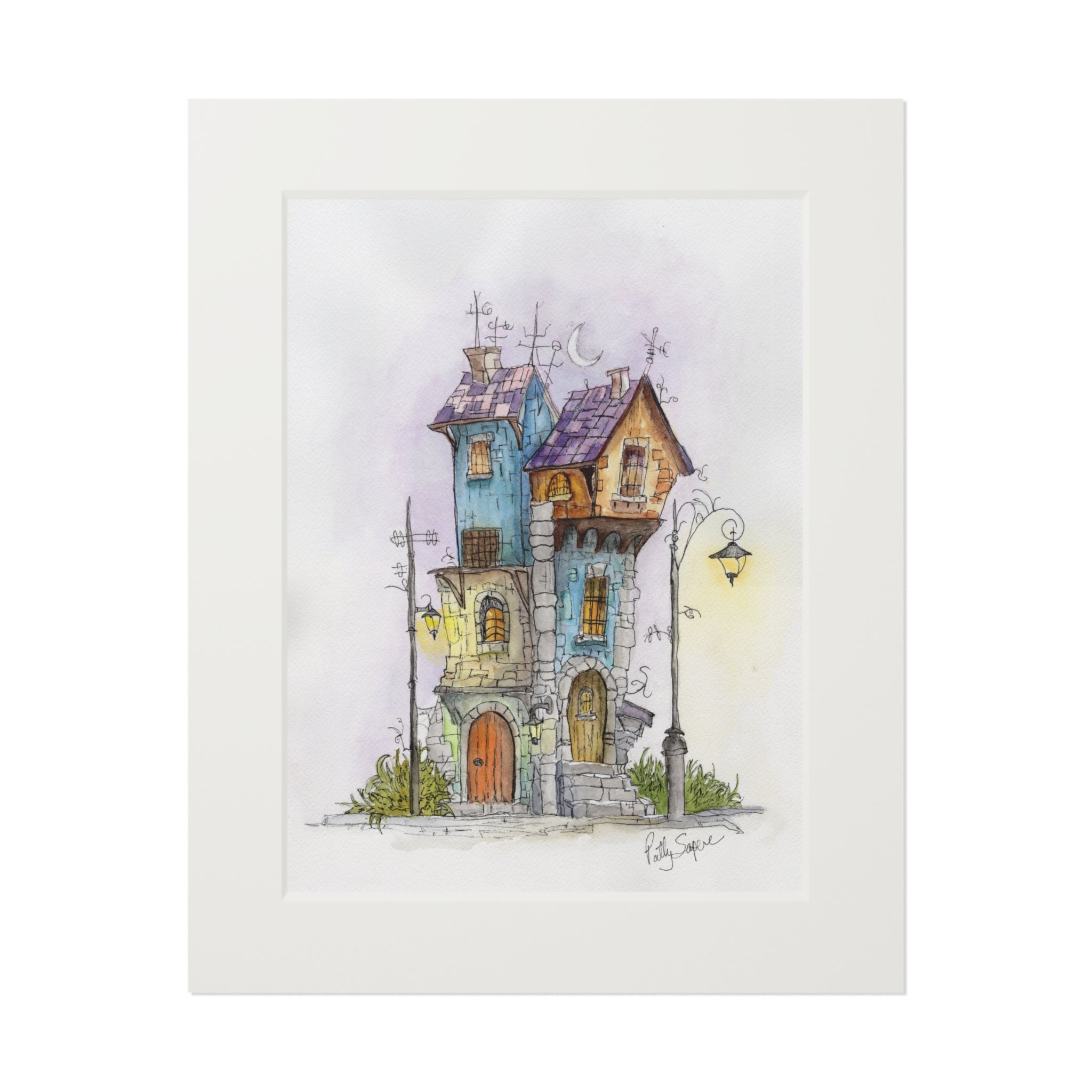 Moonlit Stone Houses Watercolor Art Print – Evening Village Scene