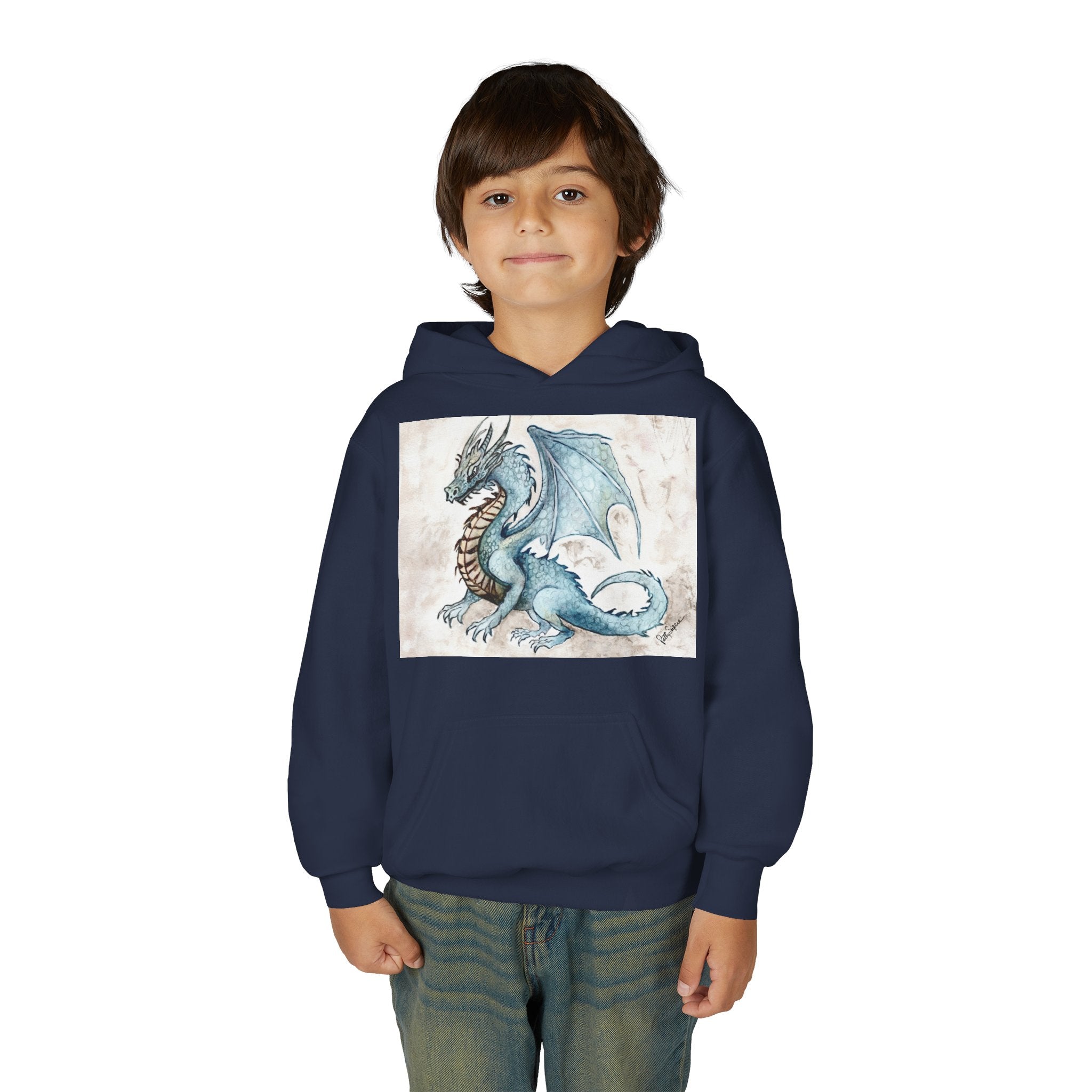 Blue Dragon Youth Hoodie – Watercolor Fantasy Art for Kids