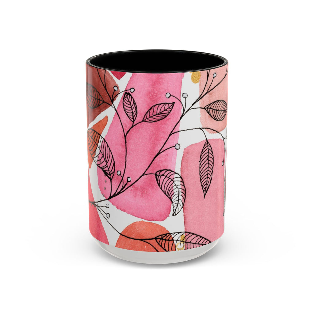 15oz ceramic accent coffee mug with ink-drawn leaves and branches on pink coral and red watercolor washes
