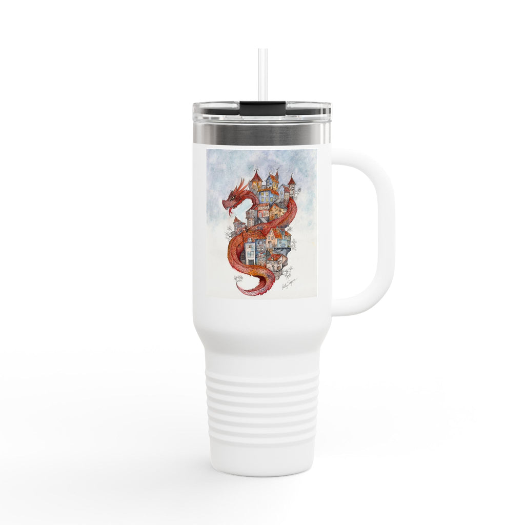 40oz insulated white travel mug with straw lid featuring watercolor red dragon coiled around a colorful medieval hillside village