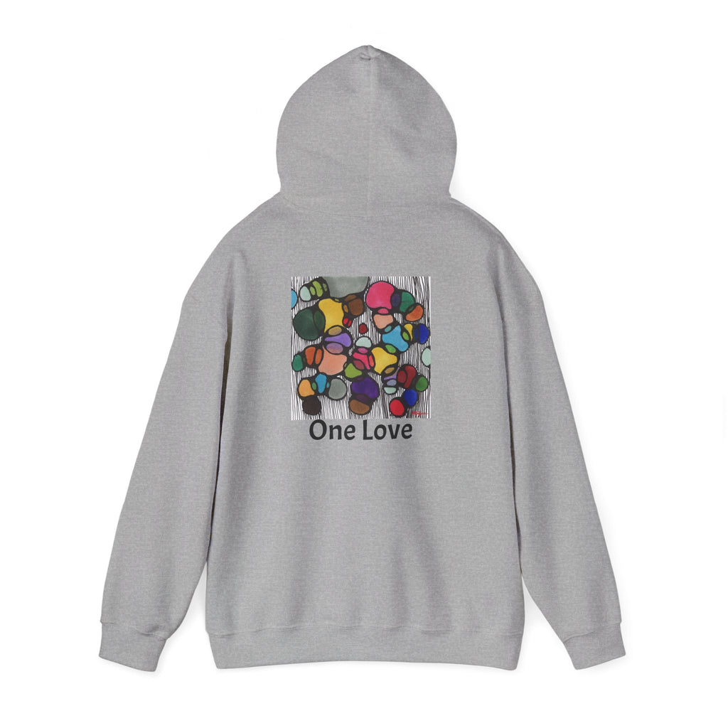 Grey unisex hoodie with colorful abstract watercolor stones art and 'One Love' text on back, original painting by Patty Sapere