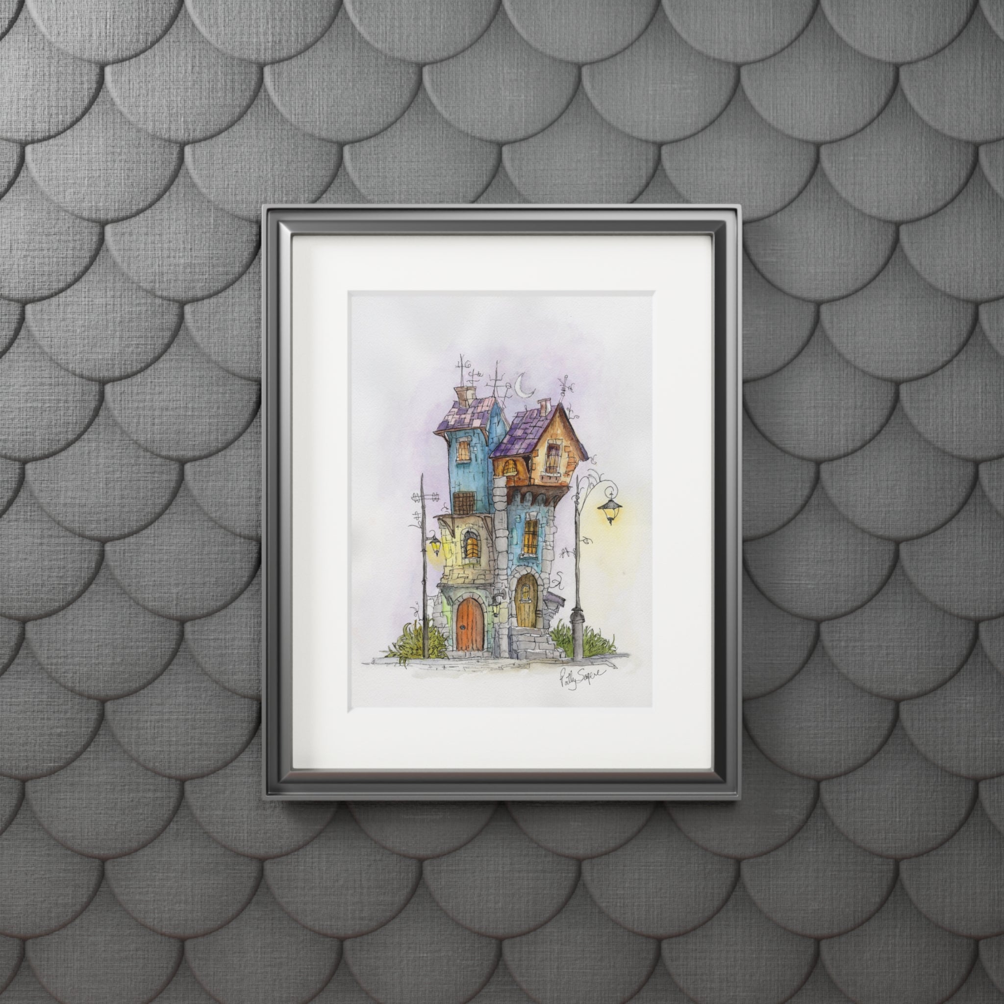 Moonlit Stone Houses Watercolor Art Print – Evening Village Scene