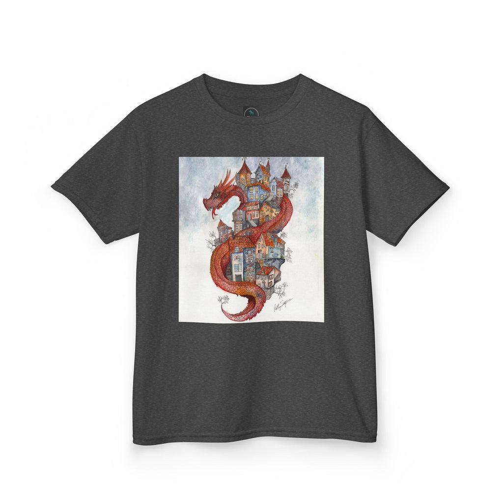 Dragon Over Town Kids T-Shirt – Fantasy Village Tee (White)